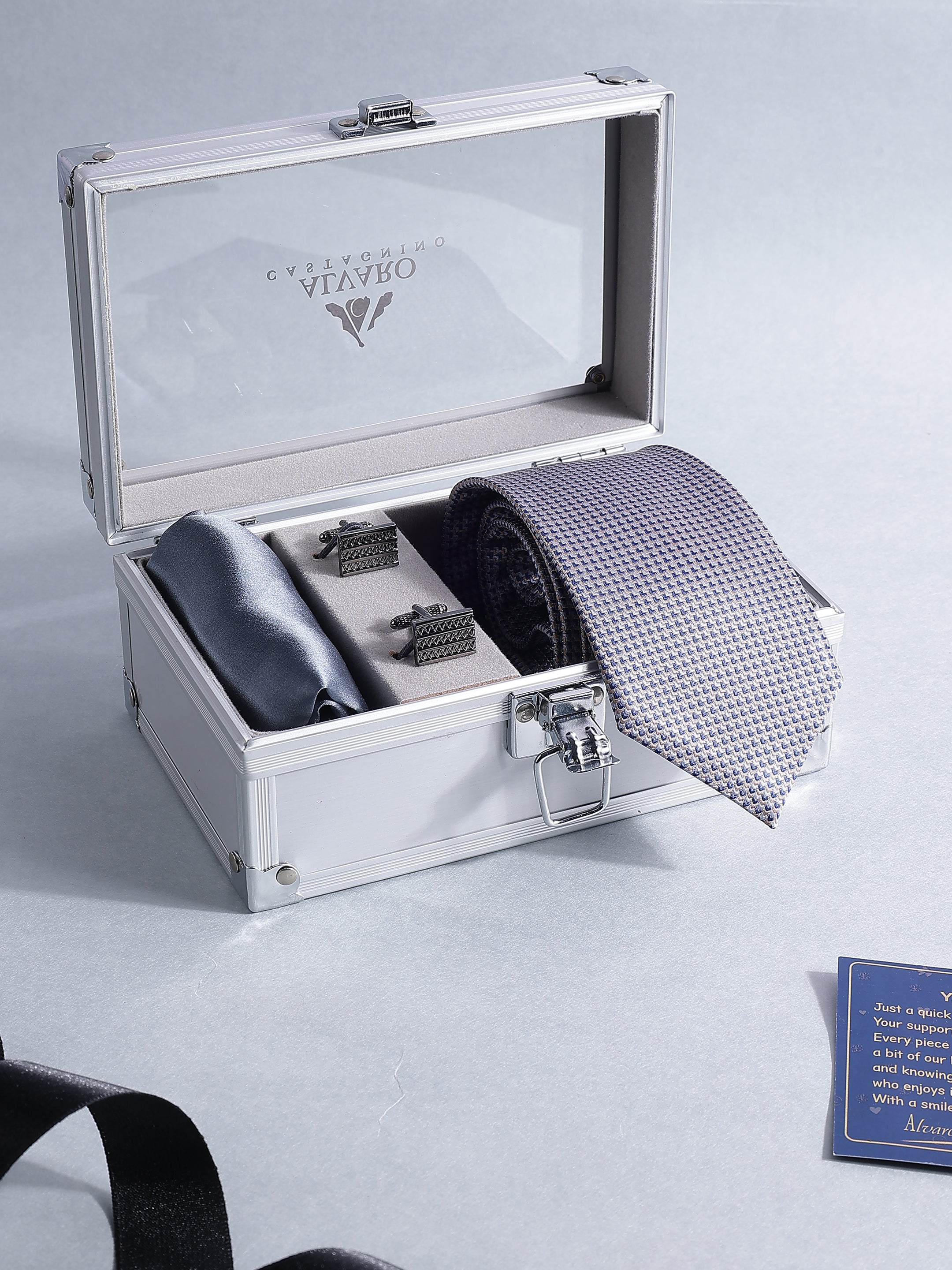 Grey Silk Micro-Pattern Tie Pocket Square & Cufflink Set