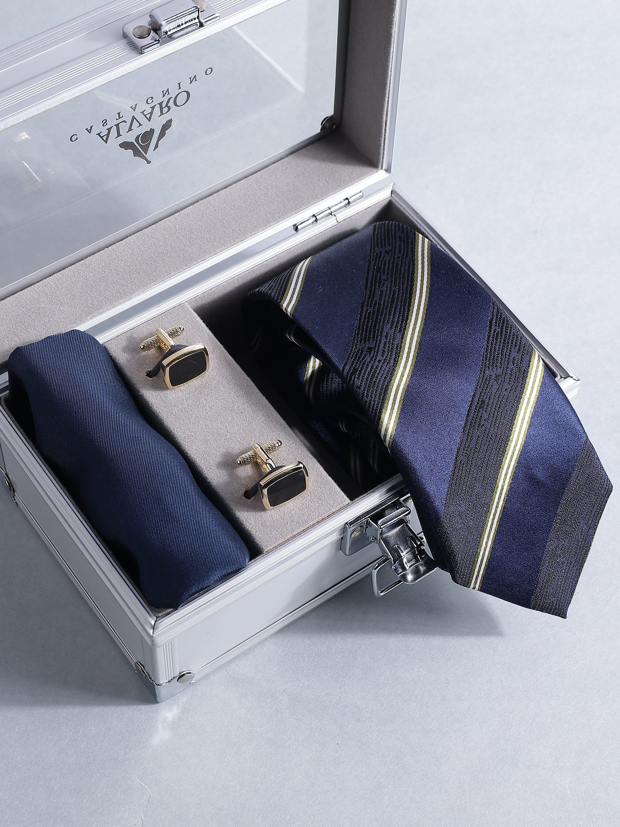 Navy Striped Silk Tie, Pocket Square & Cufflink Set