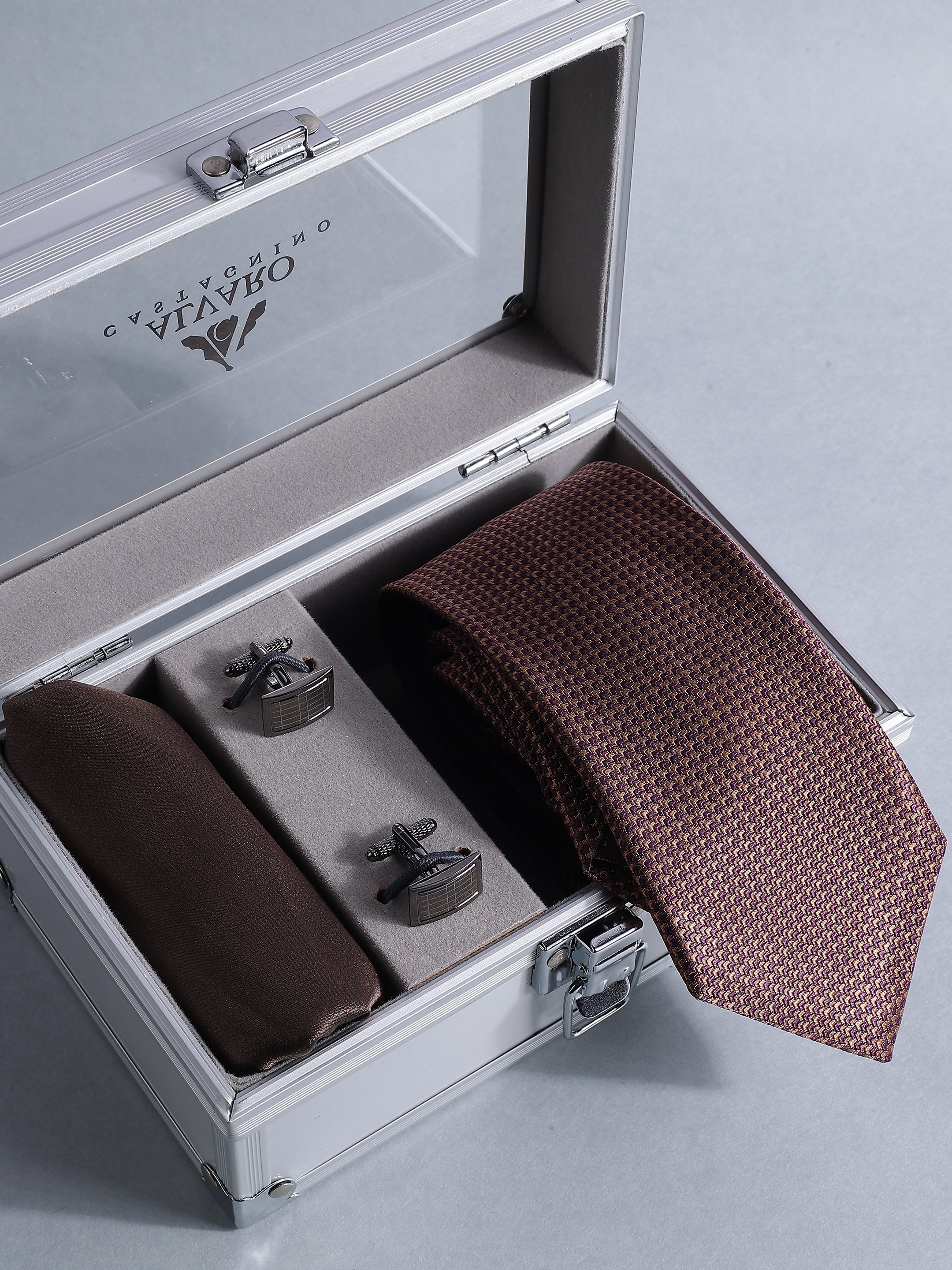 Chocolate Brown Micro-Pattern Tie, Pocket Square & Cufflink Set