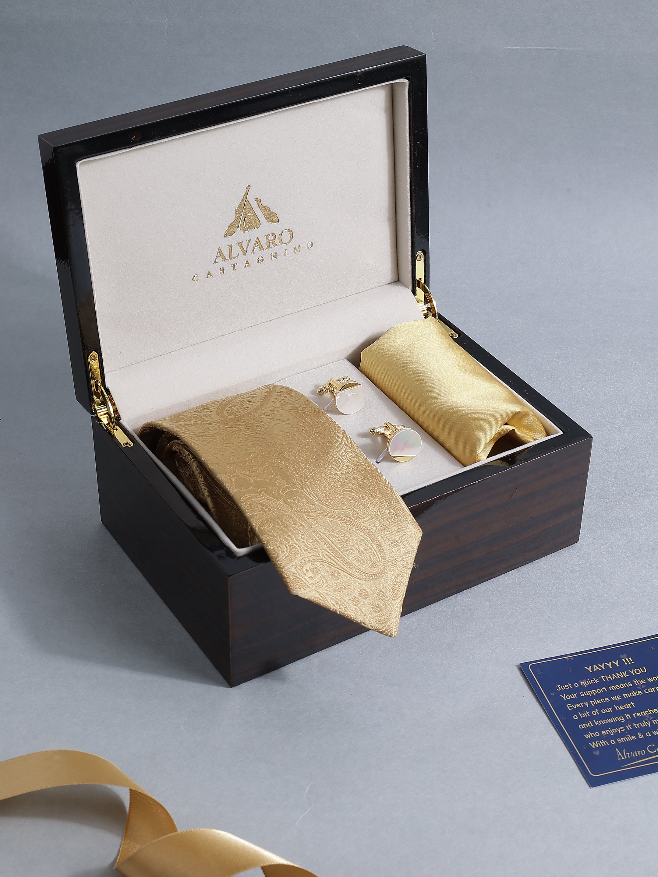 Gold Paisley Tie, Pocket Square & Mother of Pearl Cufflink Set