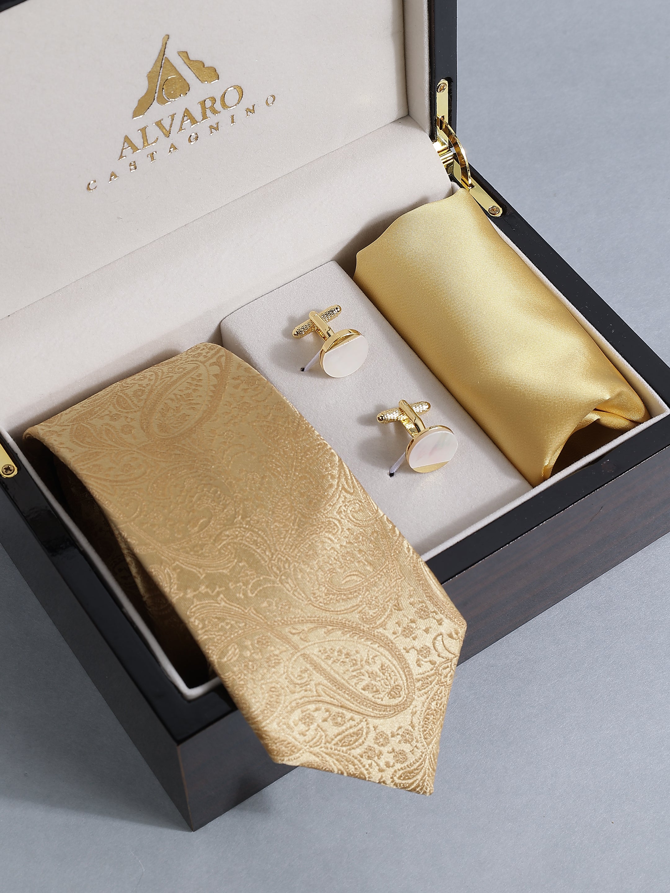 Gold Paisley Tie, Pocket Square & Mother of Pearl Cufflink Set