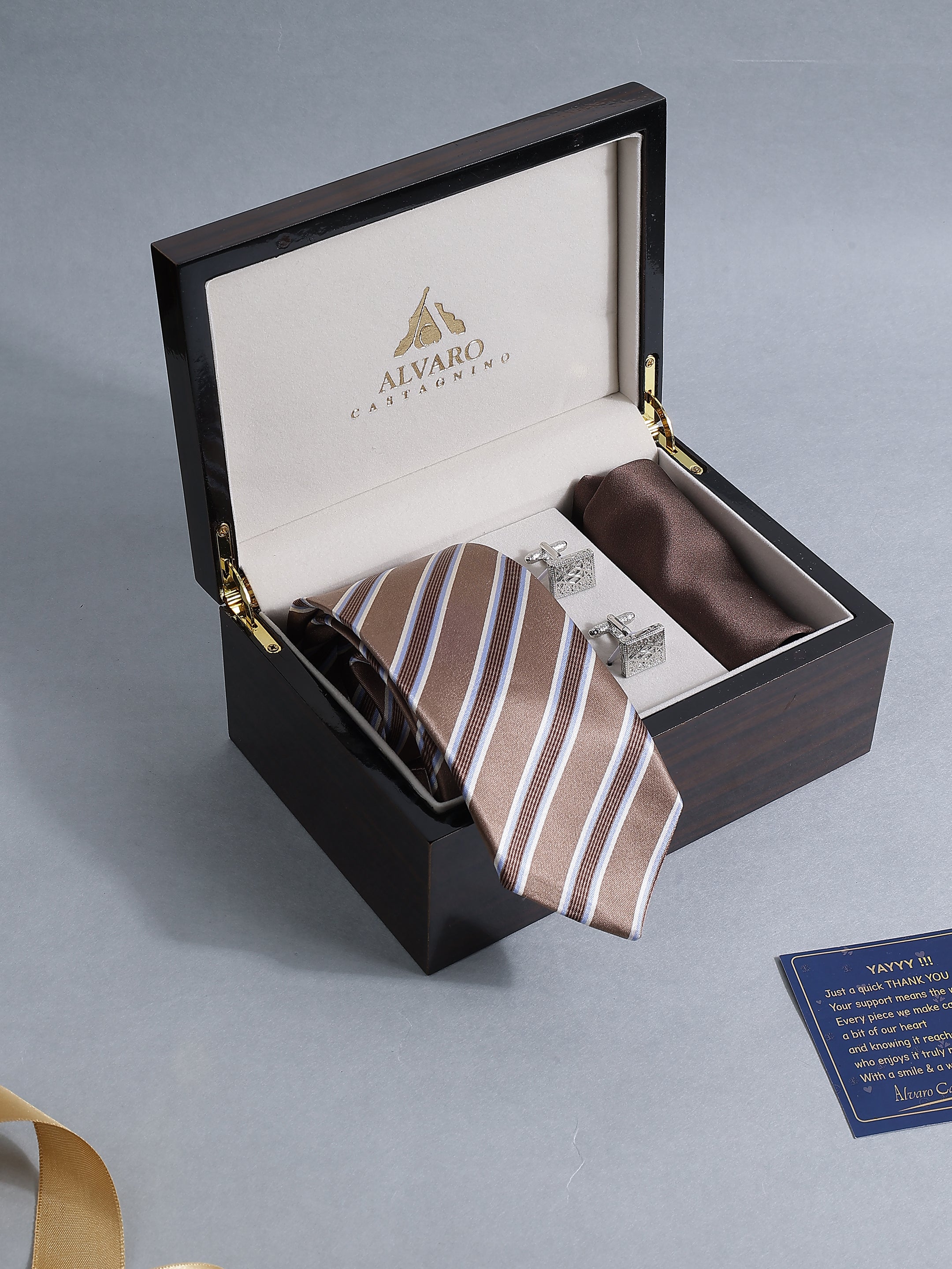 Bronze Striped Tie, Chocolate Pocket Square & Filigree Cufflink Set