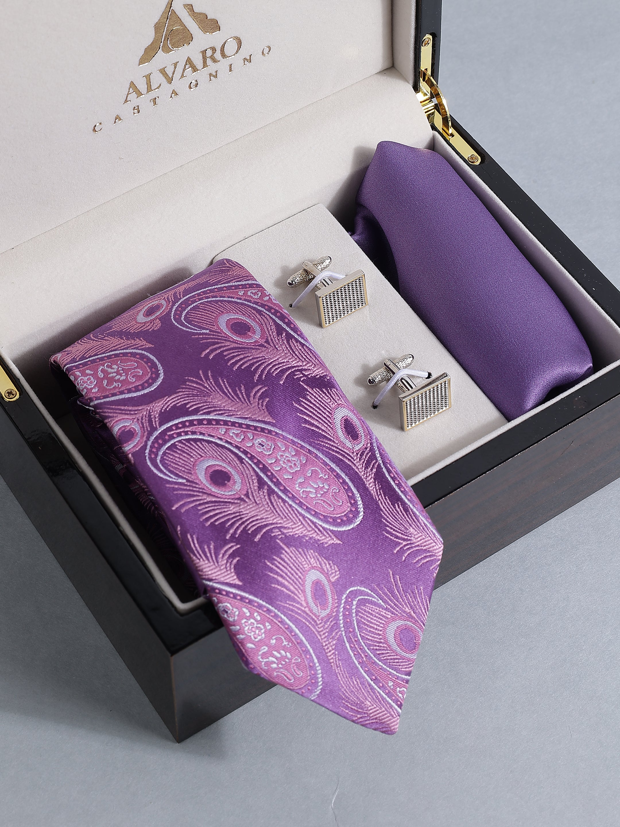 Purple Peacock Paisley Tie, Pocket Square & Cufflink Set