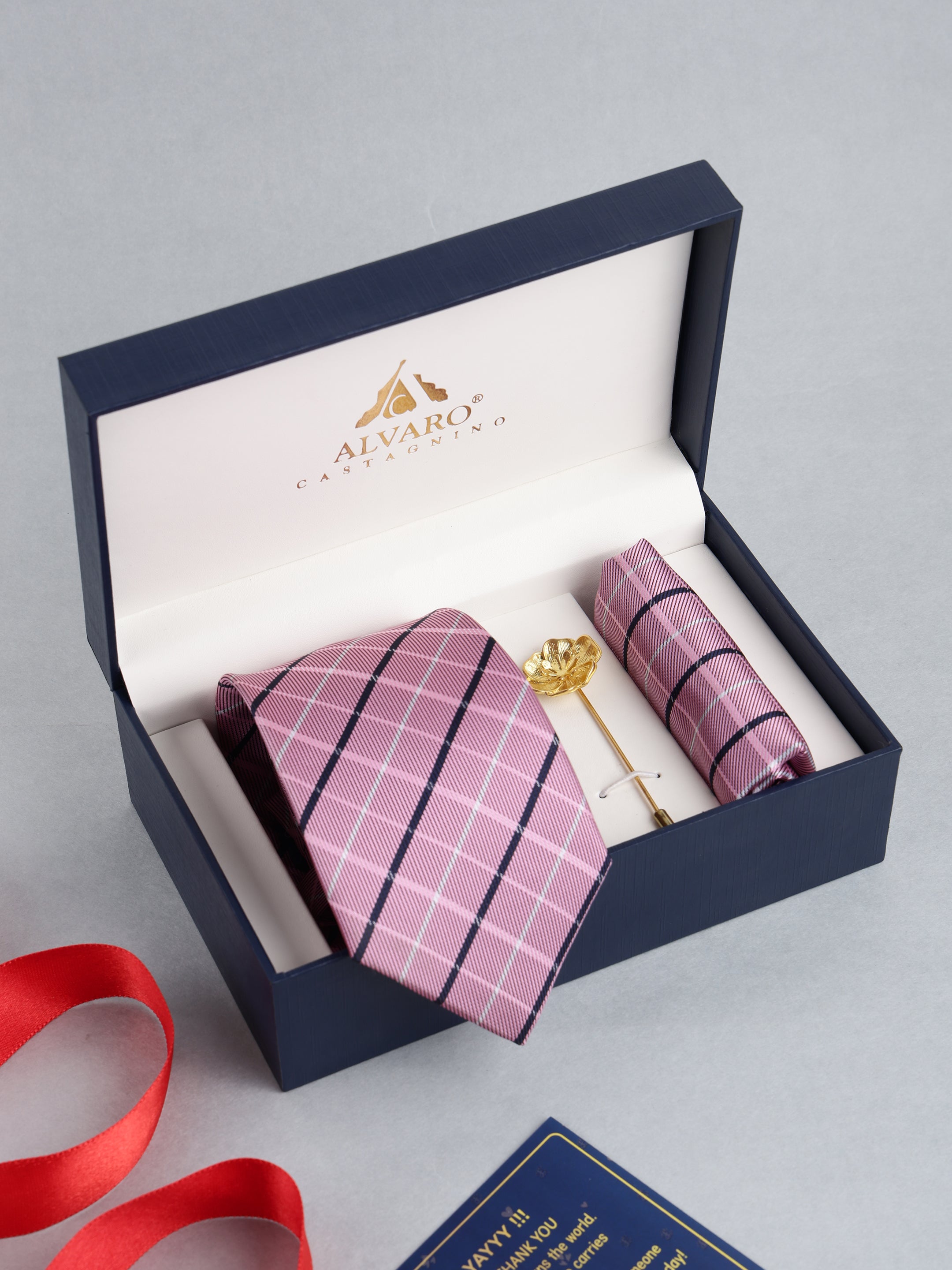 Pink Checkered Necktie with Lapel Pin Gift Set