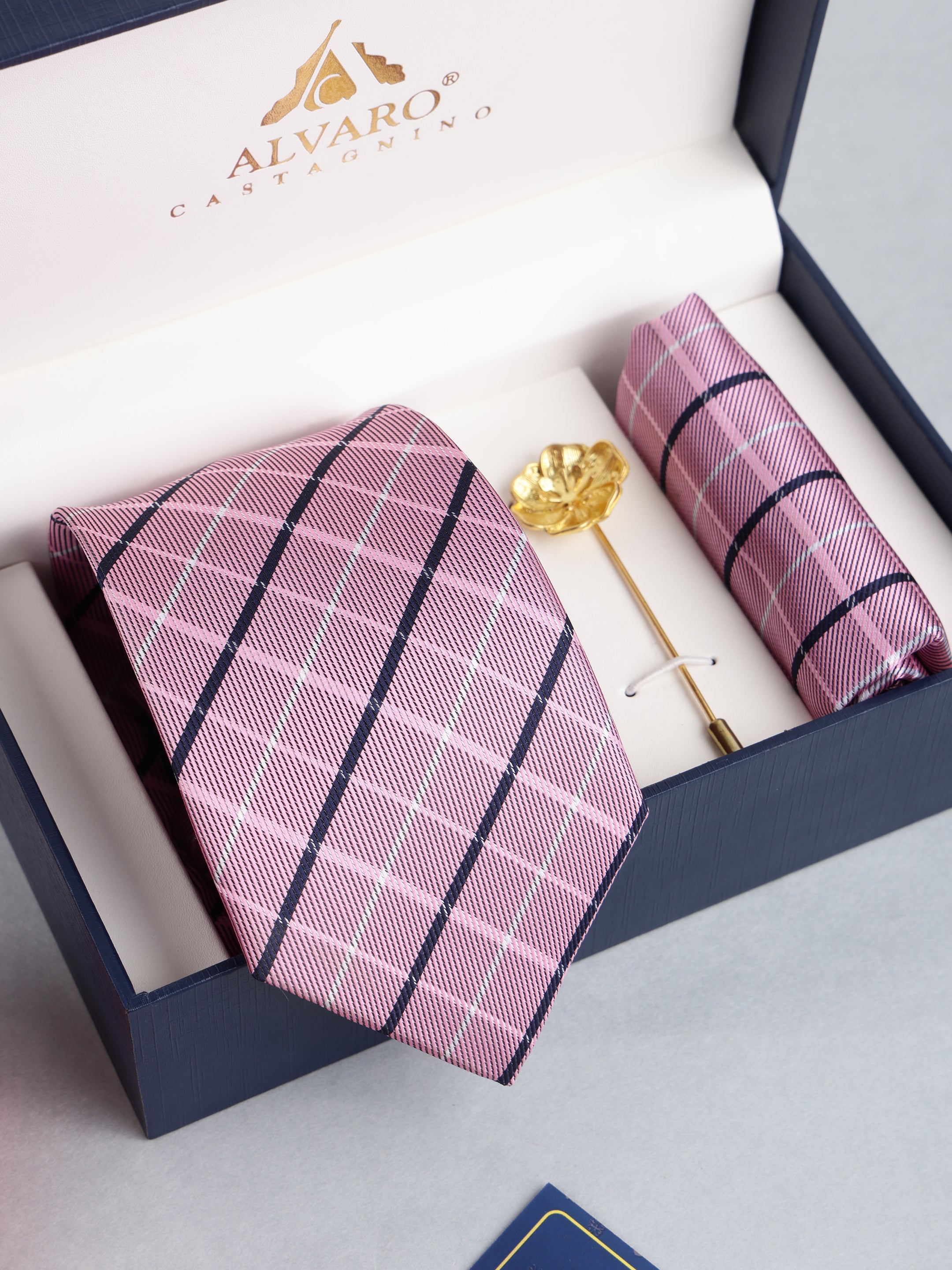 Pink Checkered Necktie with Lapel Pin Gift Set