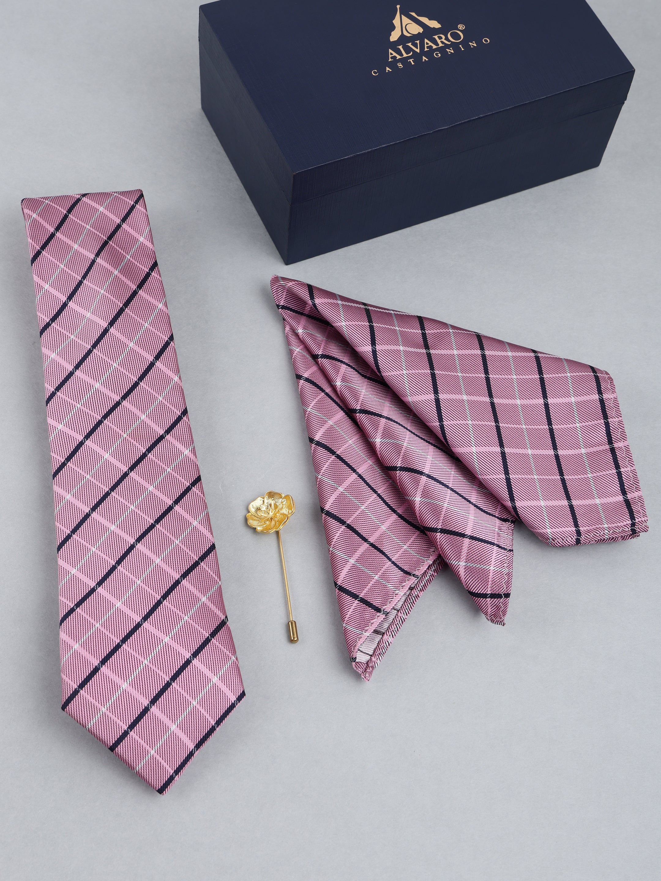 Pink Checkered Necktie with Lapel Pin Gift Set