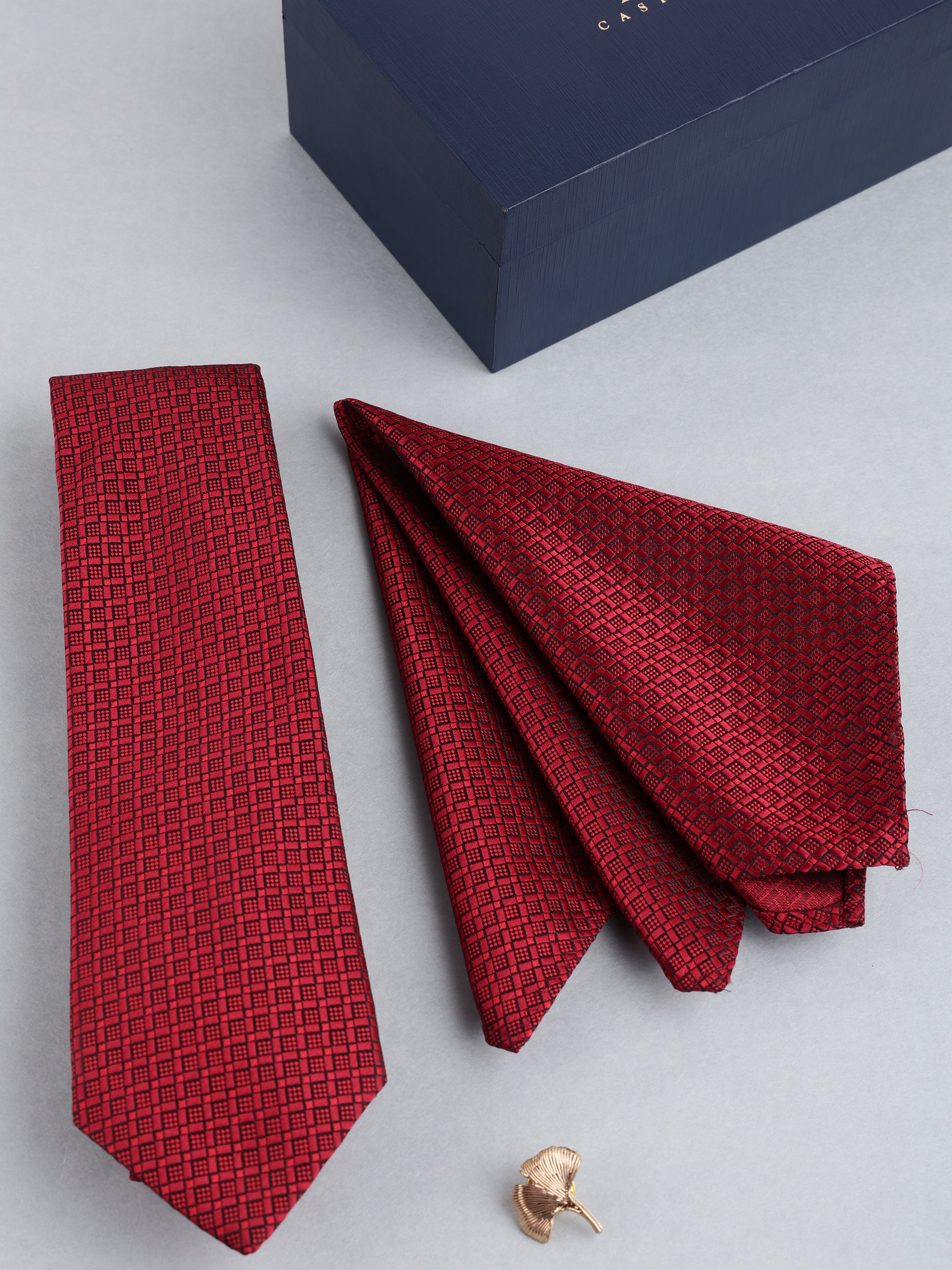 Maroon Micro-Check Necktie with Lapel Pin Gift Set