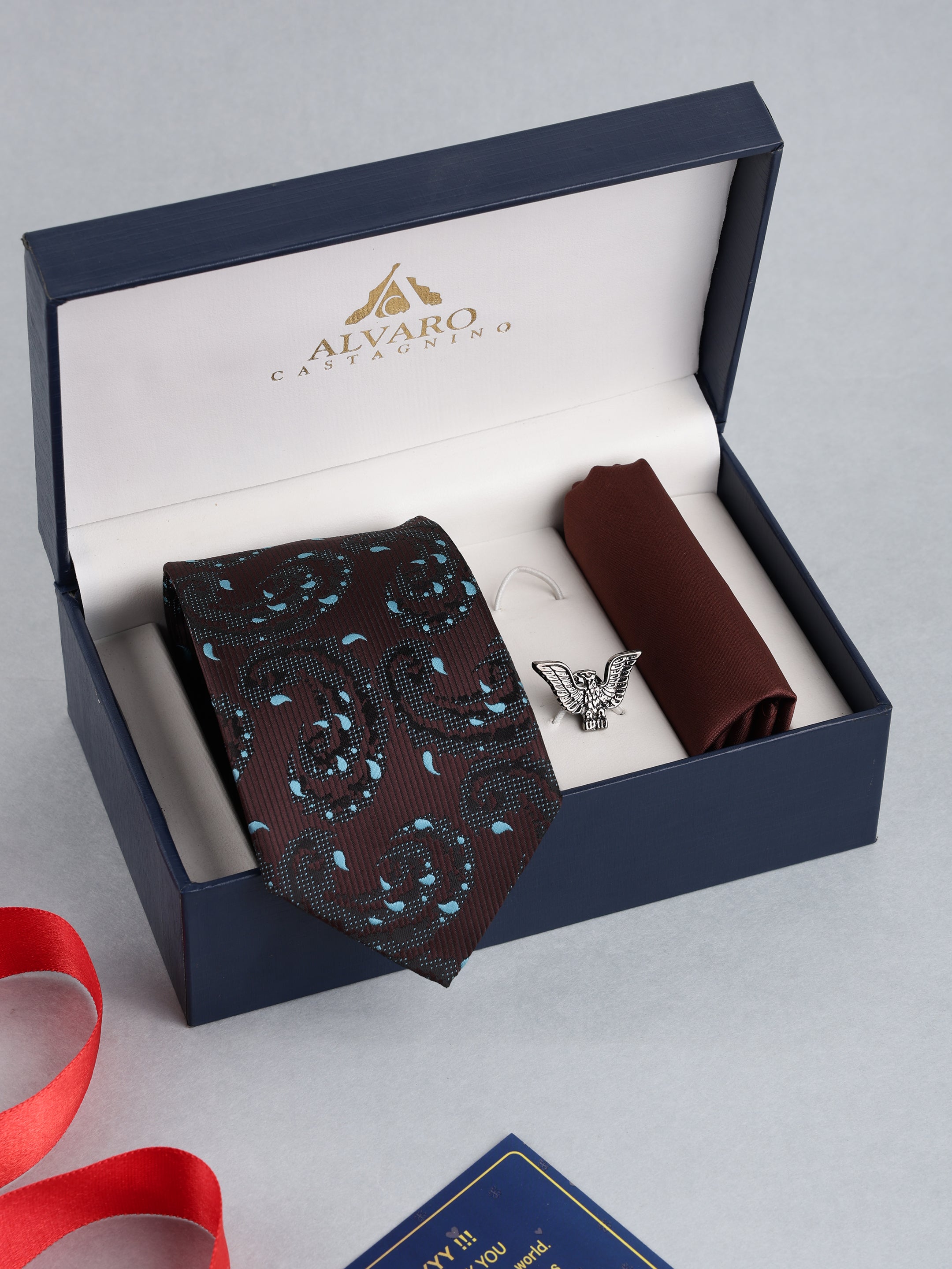 Brown Paisley Necktie with Lapel Pin Gift Set