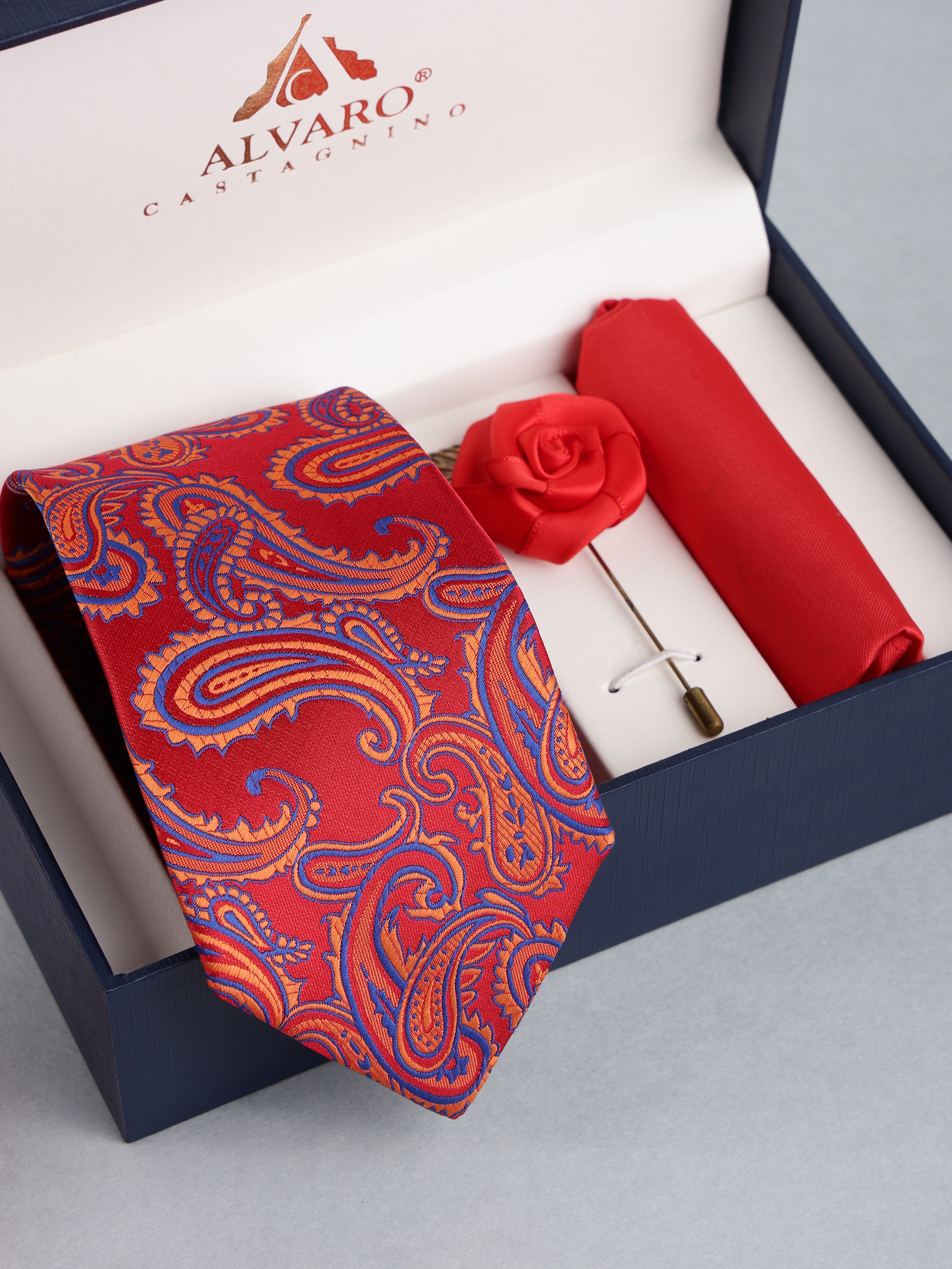 Red Paisley Necktie with Lapel Pin Gift Set
