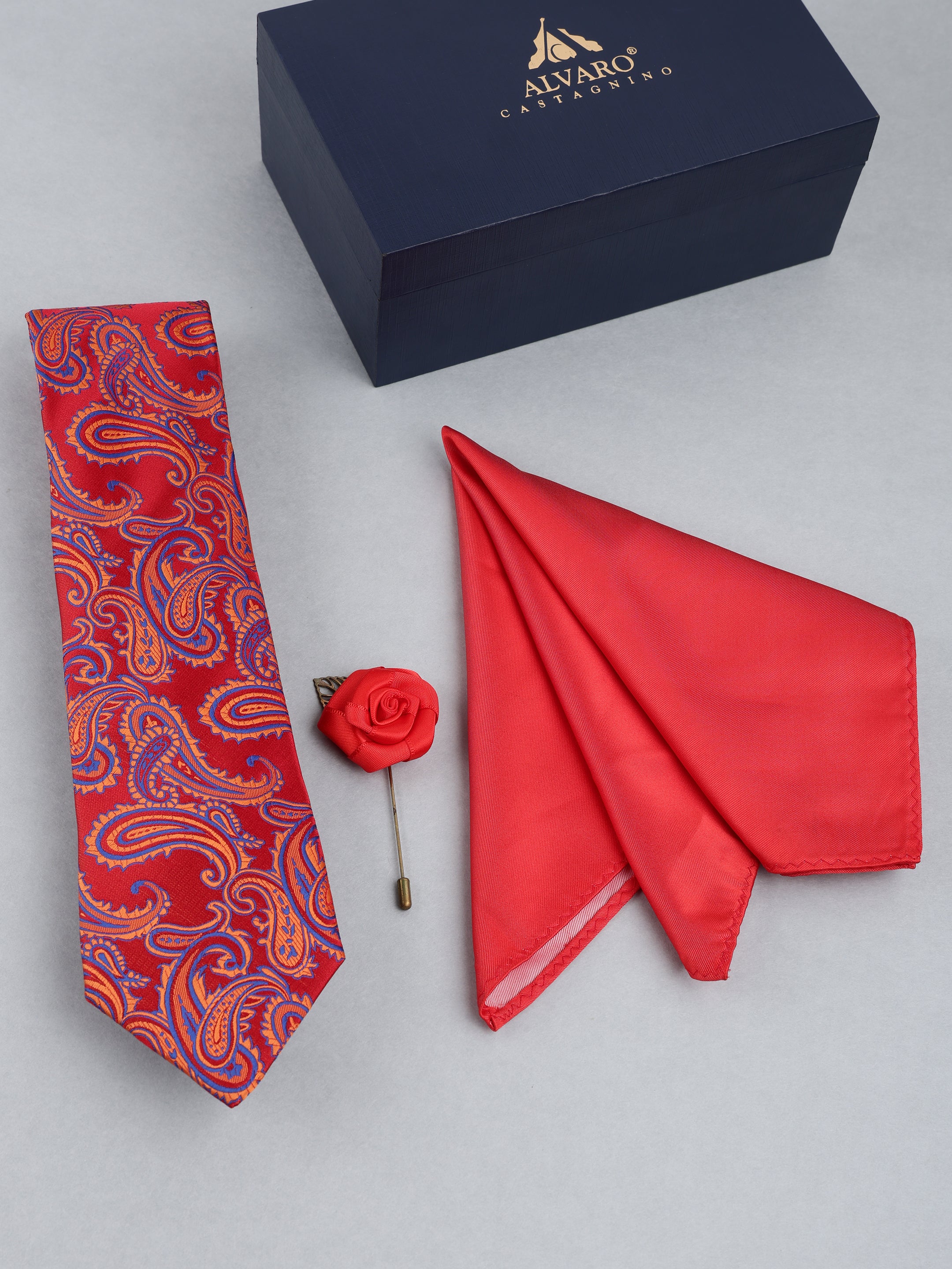 Red Paisley Necktie with Lapel Pin Gift Set