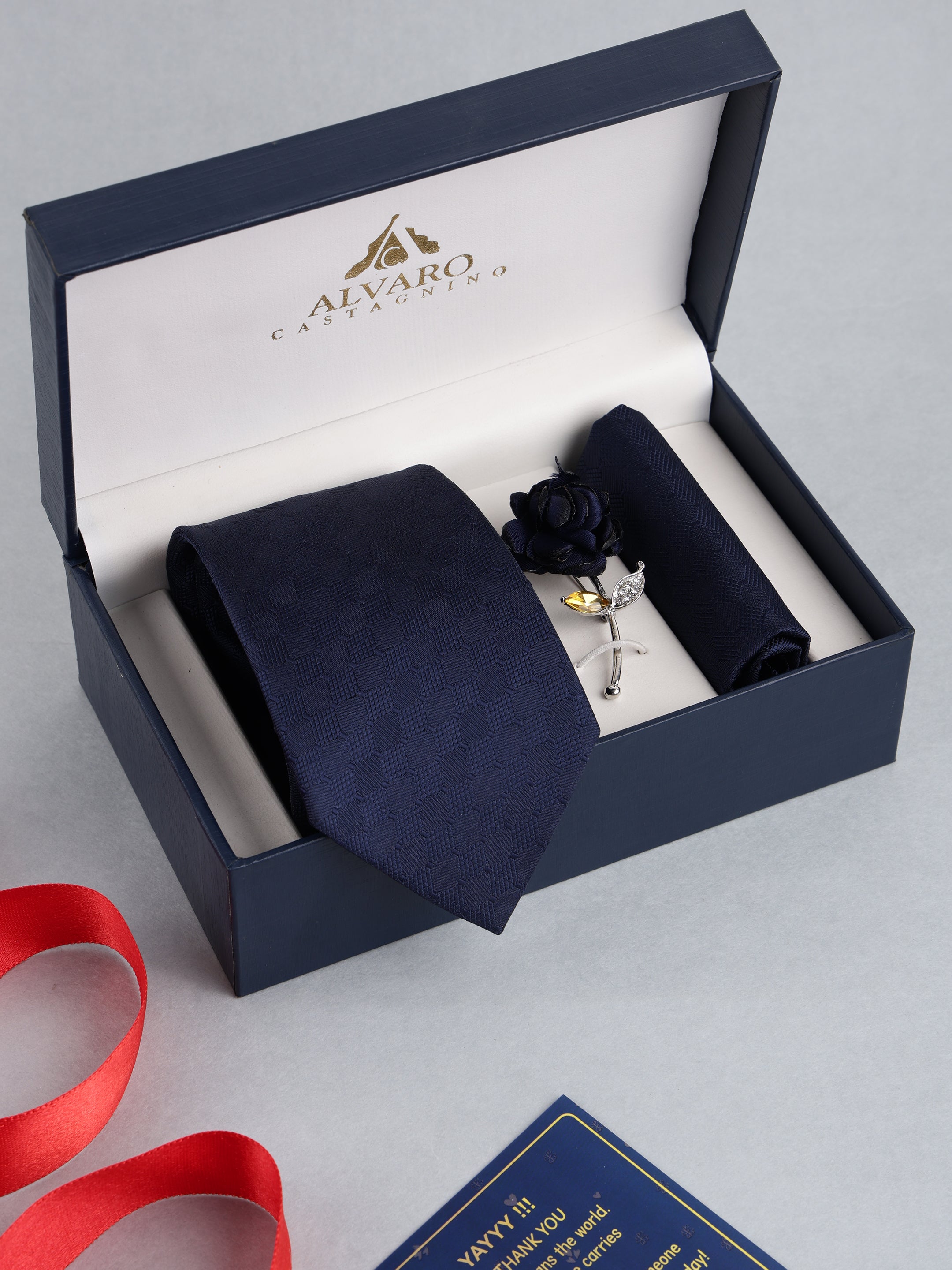 Navy Blue Textured Necktie with Lapel Pin Gift Set