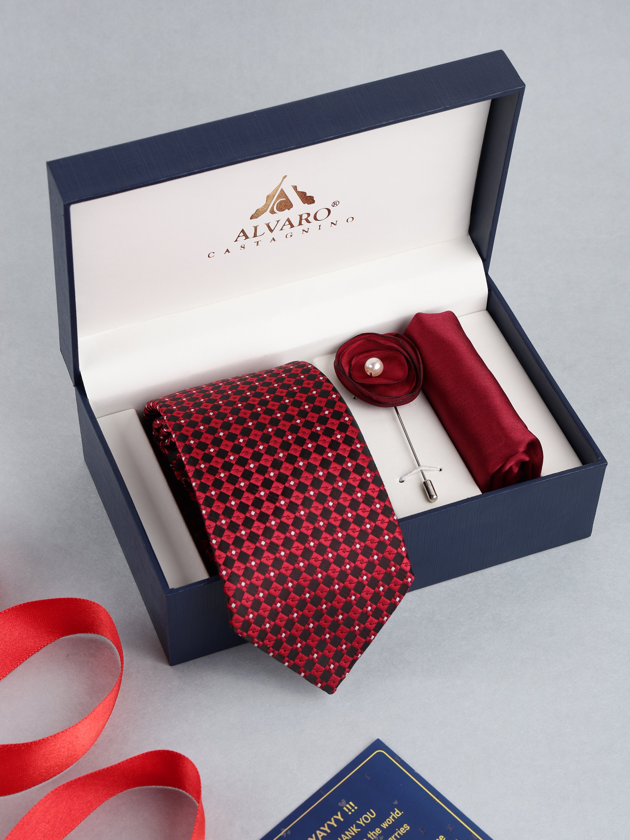 Red Geometric Necktie with Lapel Pin Set