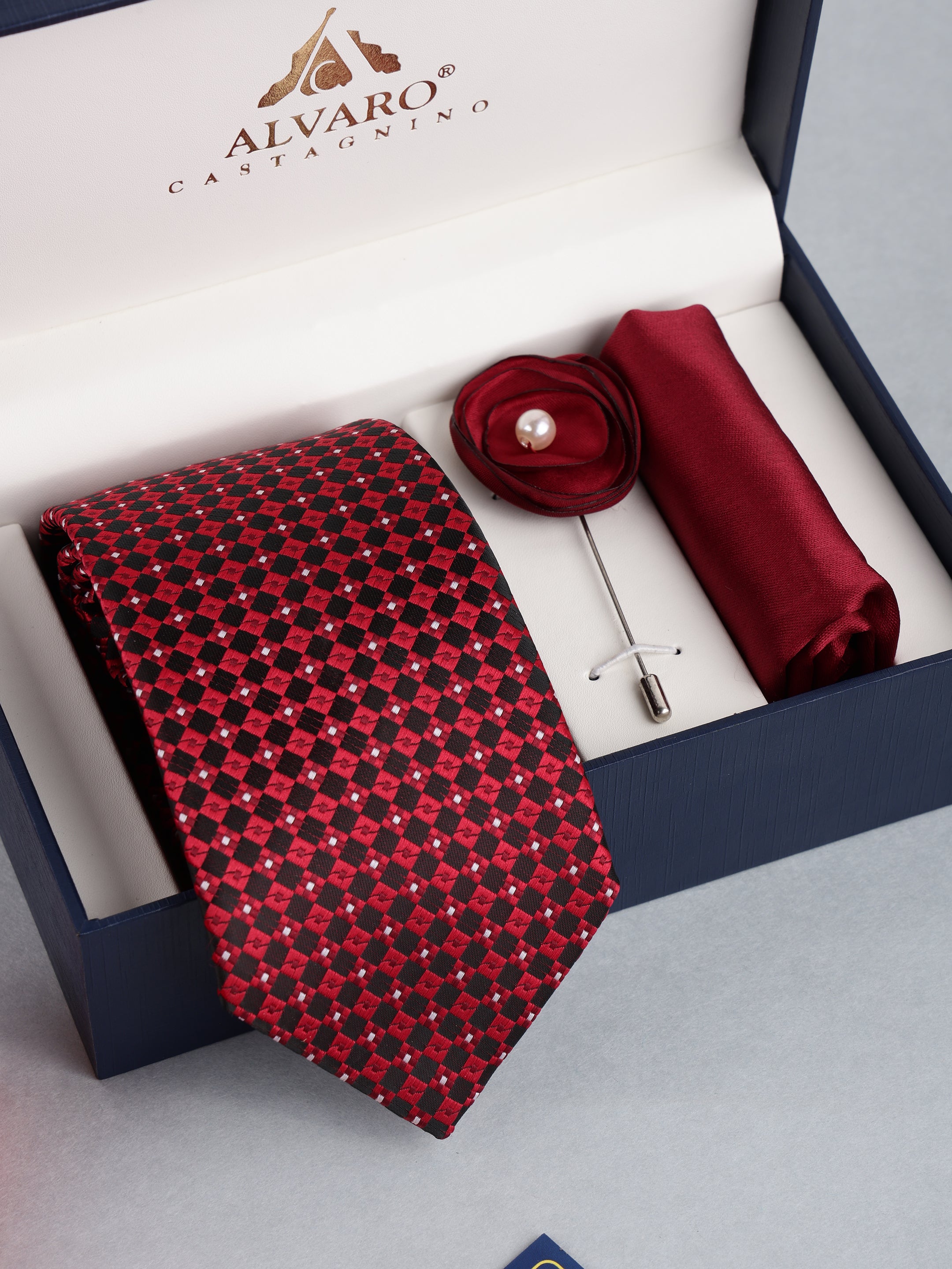 Red Geometric Necktie with Lapel Pin Set