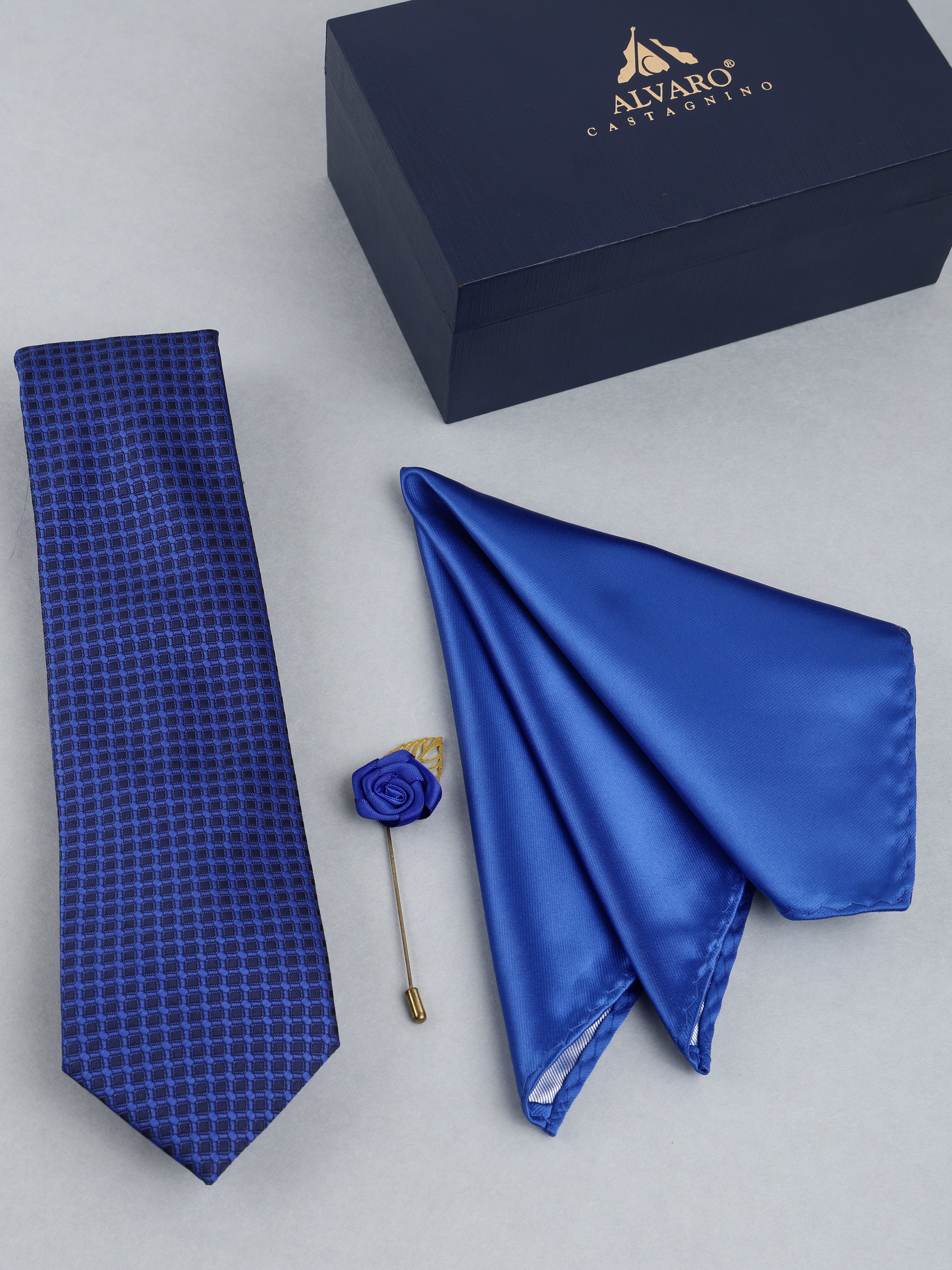 Royal Blue Micro-Check Necktie with Lapel Pin Gift Set