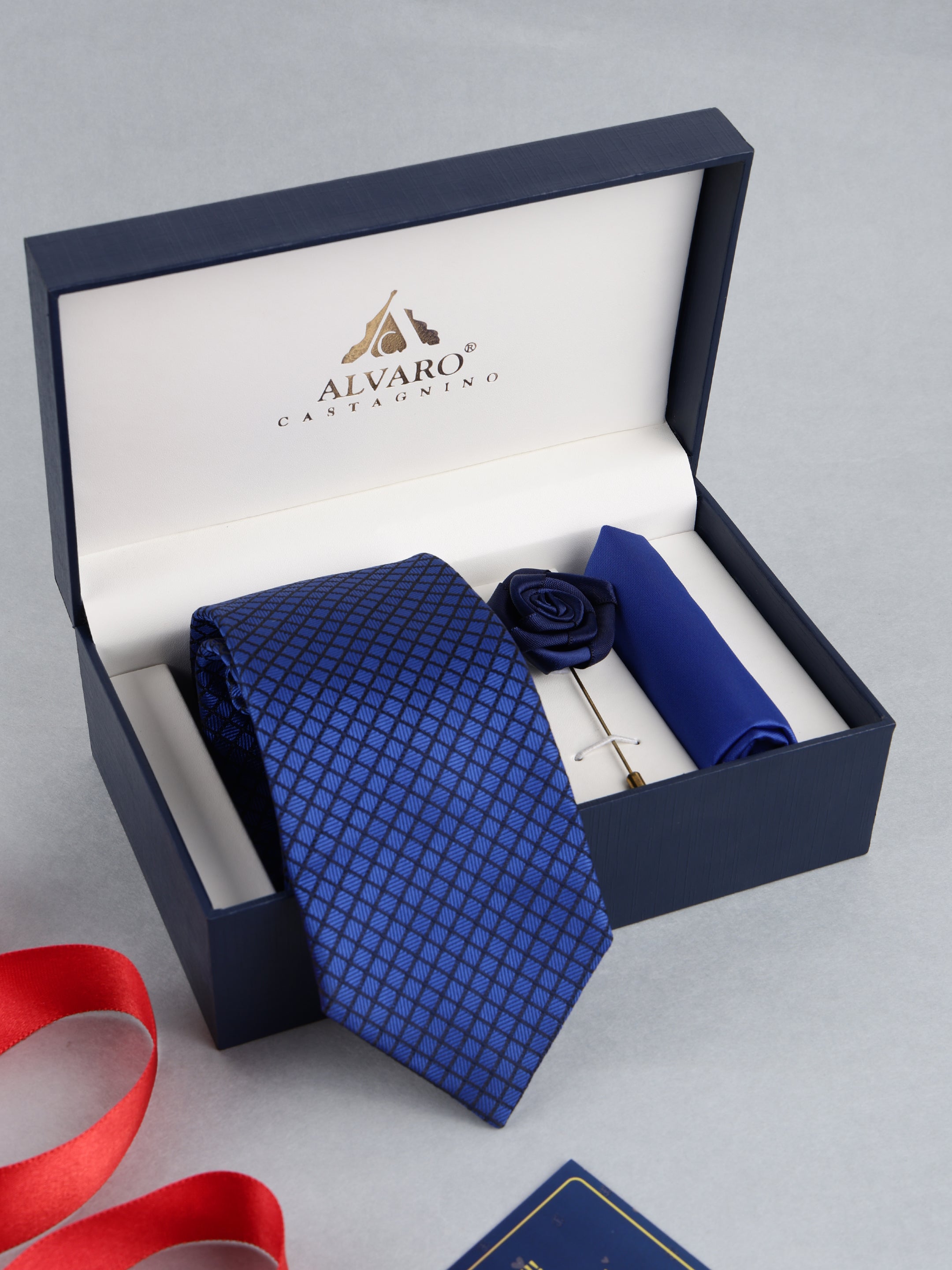 Royal Blue Diamond-Pattern Necktie with Lapel Pin Gift Set