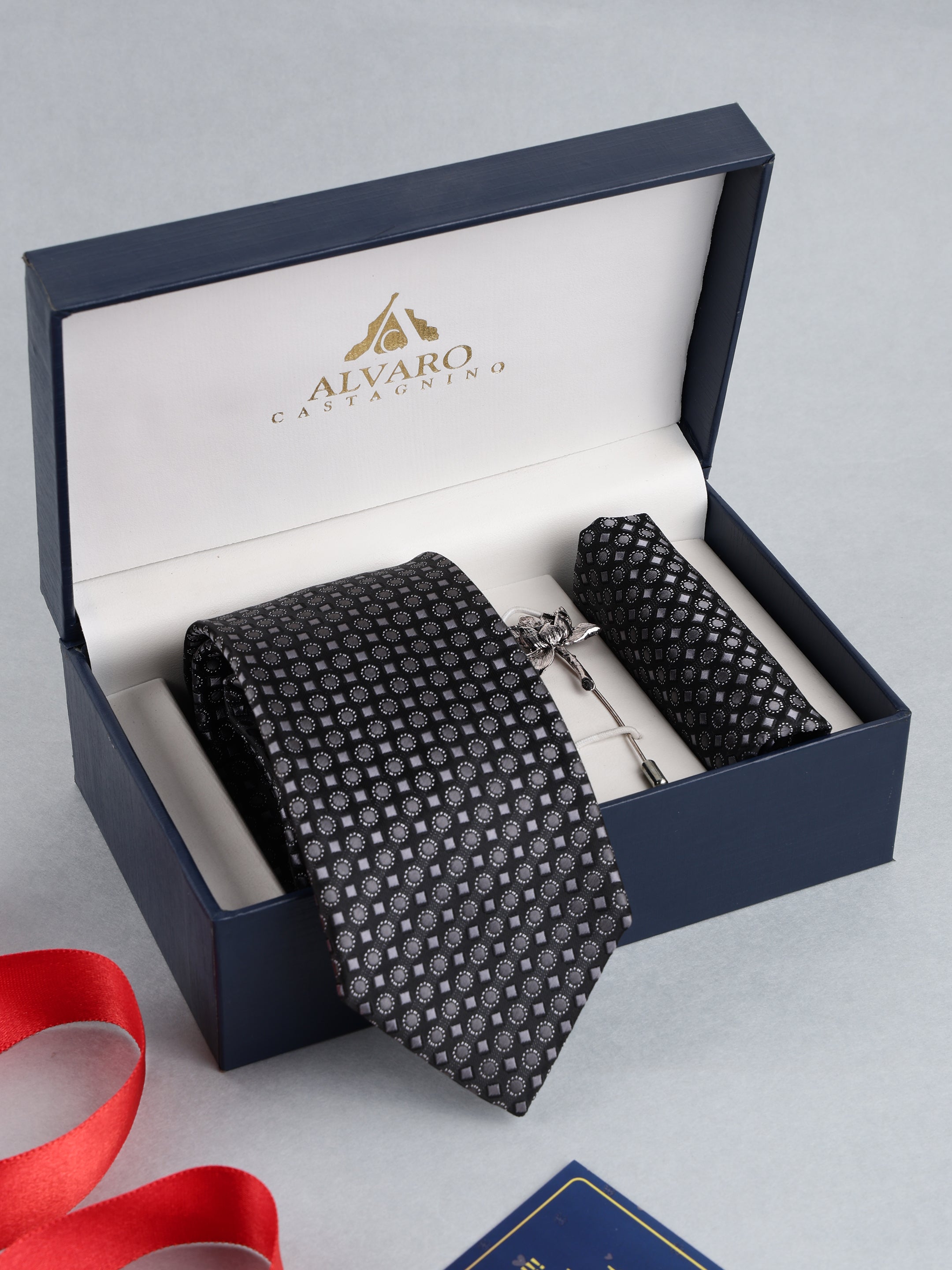 Grey Geometric Necktie with Lapel Pin Gift Set