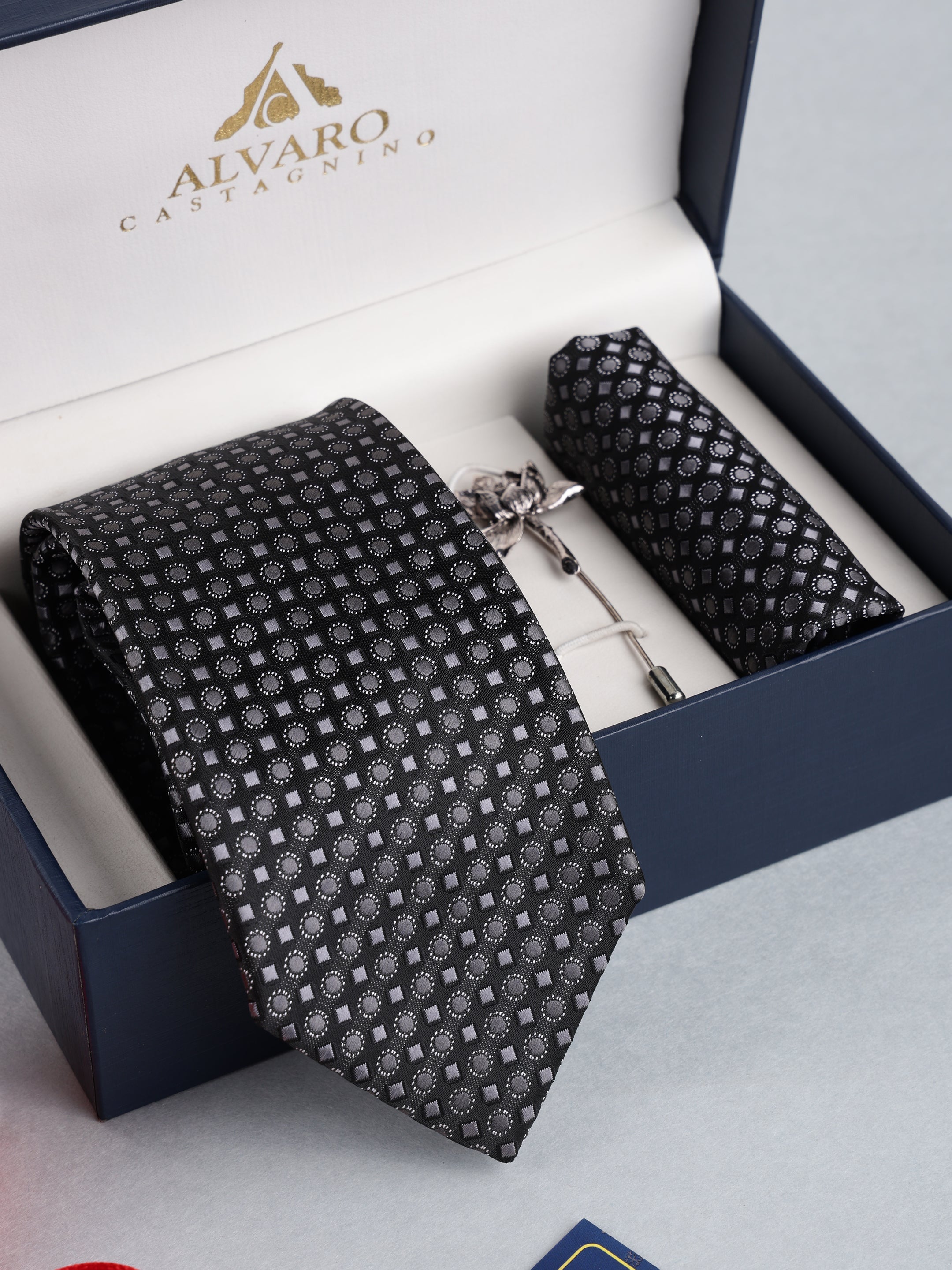 Grey Geometric Necktie with Lapel Pin Gift Set