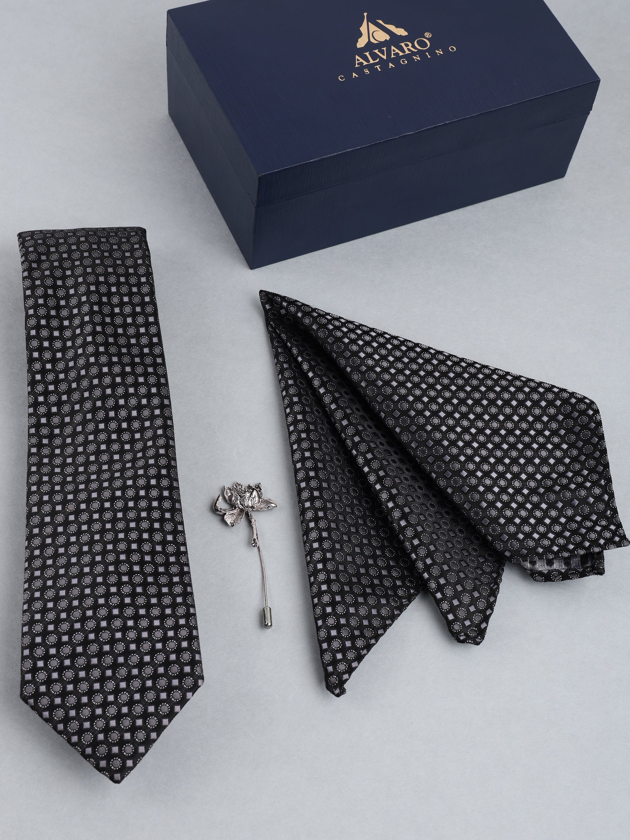 Grey Geometric Necktie with Lapel Pin Gift Set