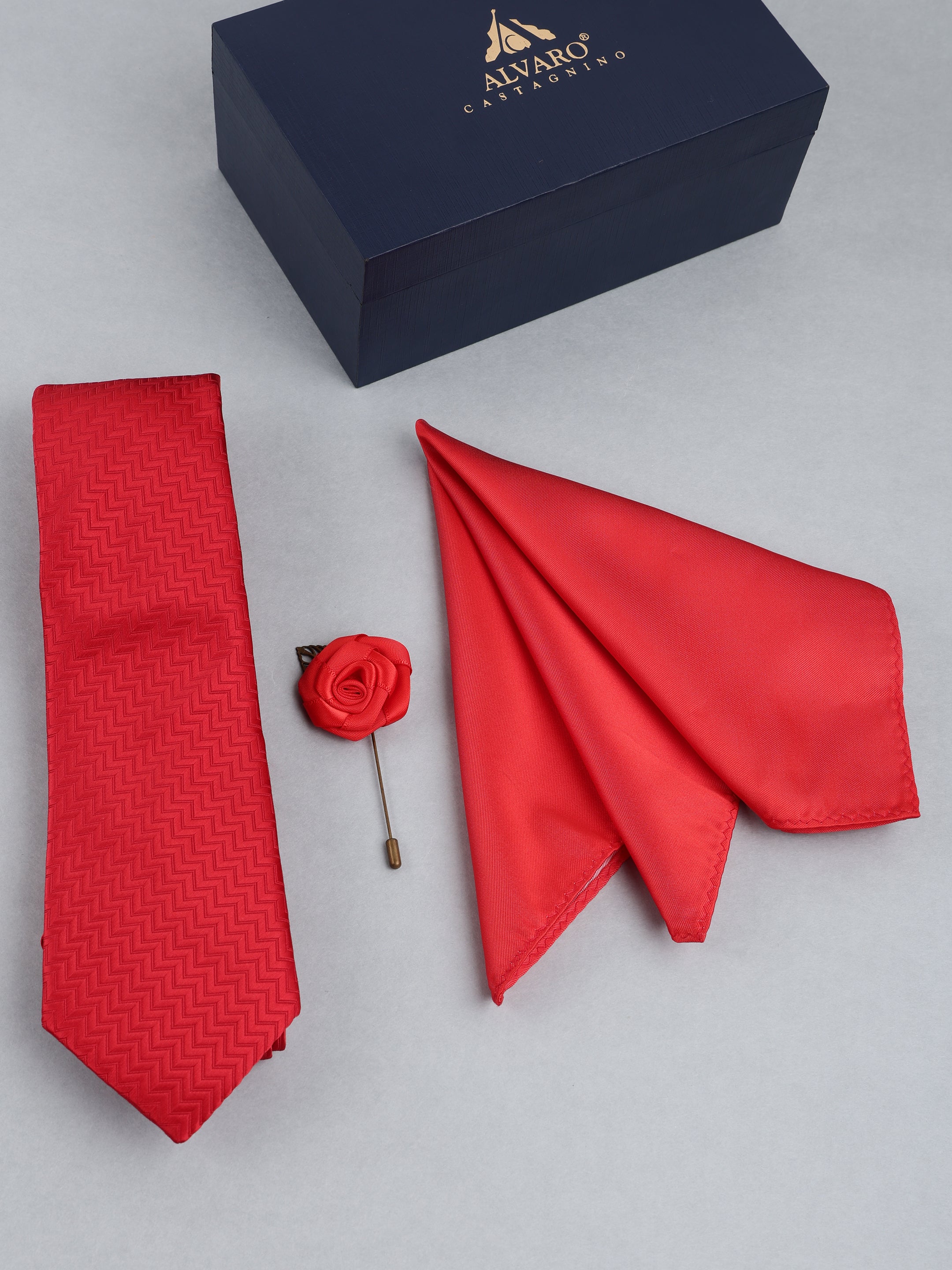 Red Chevron Necktie with Lapel Pin Gift Set