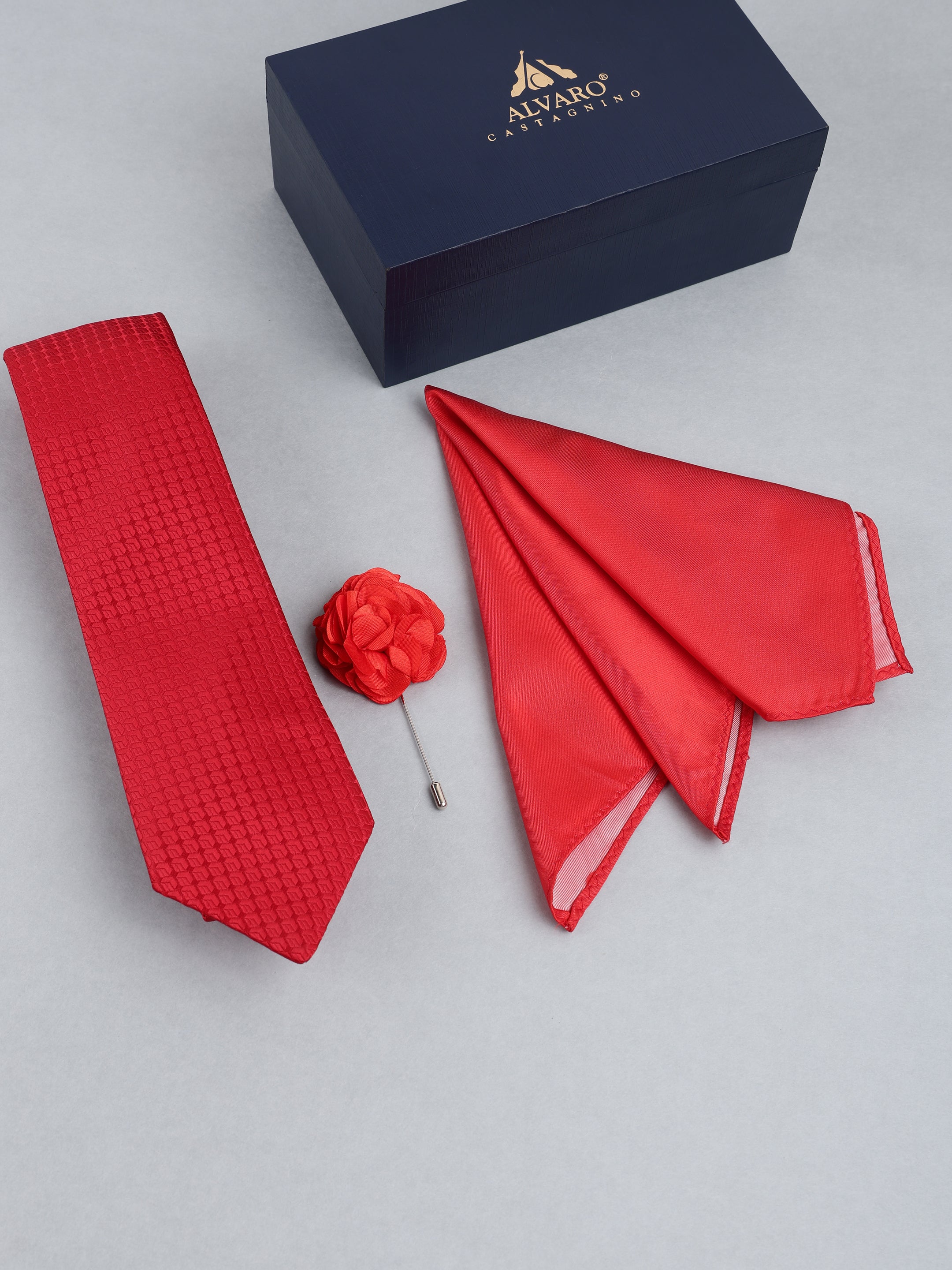 Red Geometric Grid Necktie with Lapel Pin Gift Set