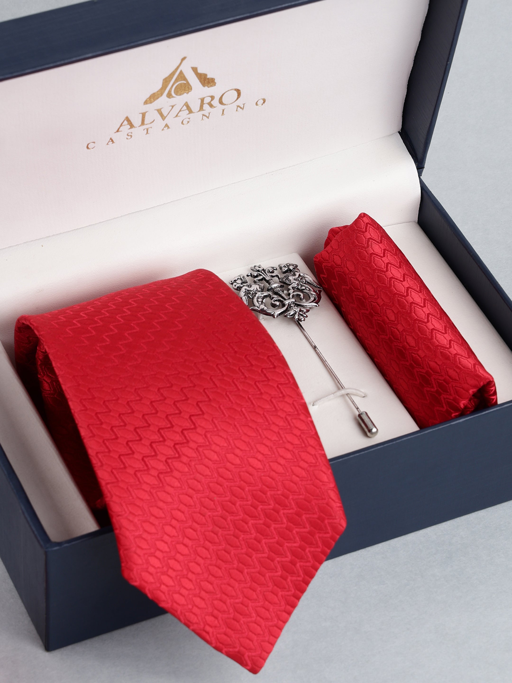 Red Honeycomb Chevron Necktie with Lapel Pin Gift Set