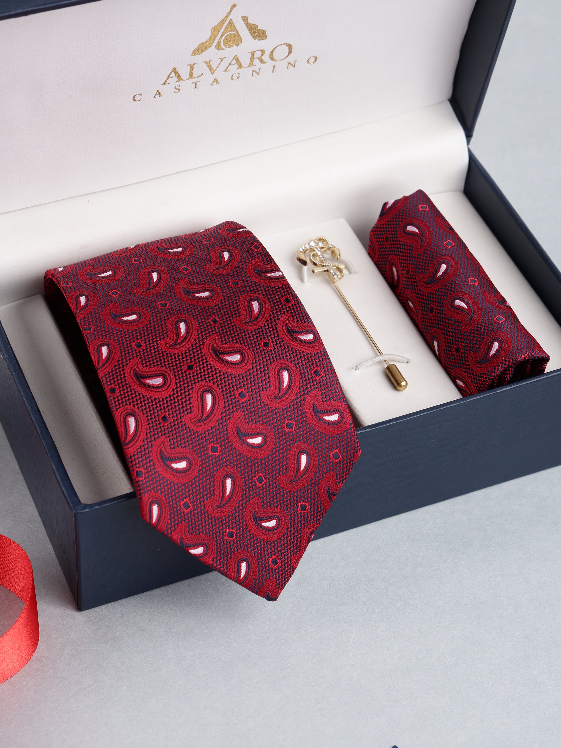 Maroon Paisley Necktie with Lapel Pin Gift Set