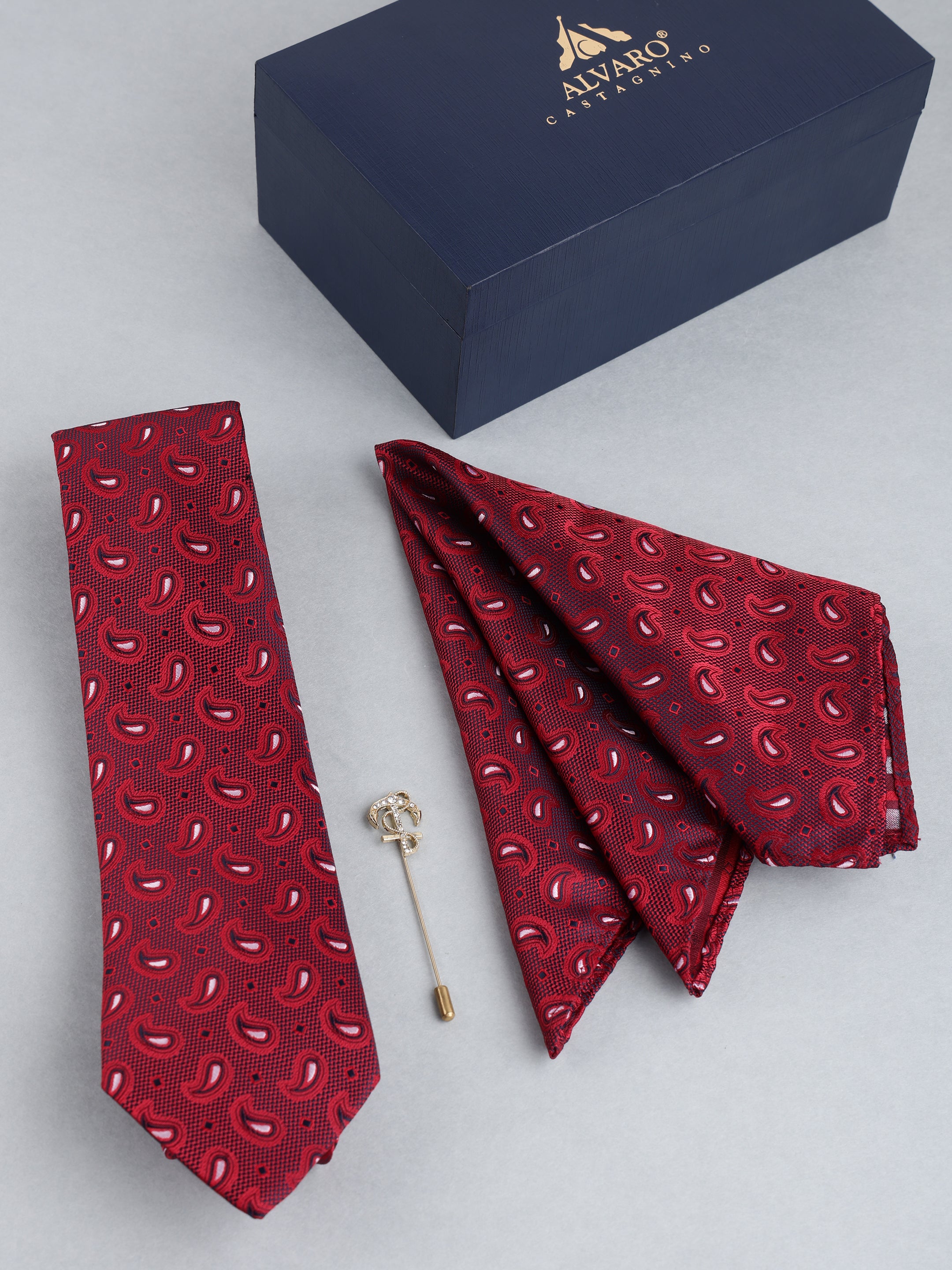 Maroon Paisley Necktie with Lapel Pin Gift Set