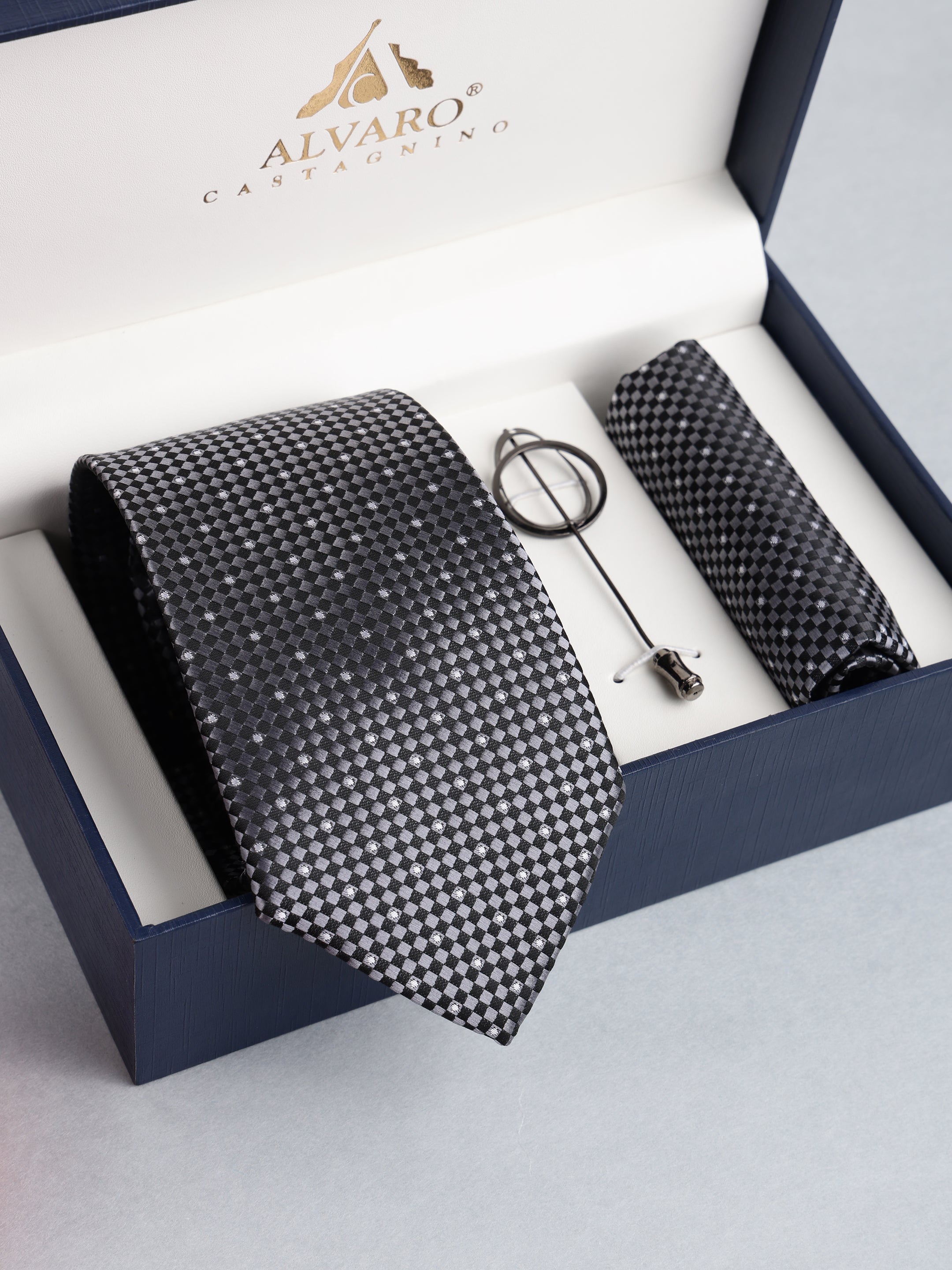 Grey Micro-Pattern Necktie with Lapel Pin Gift Set