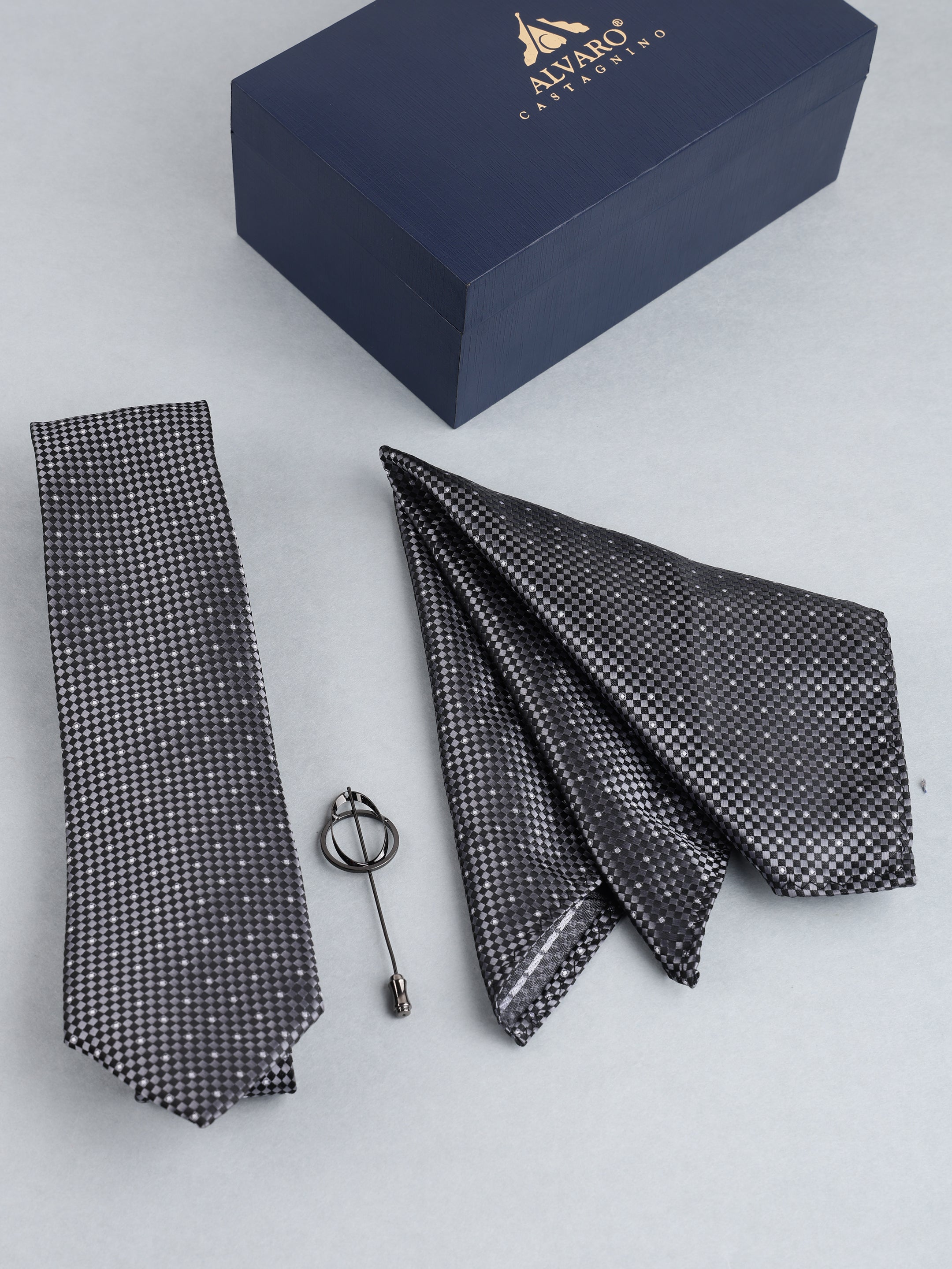 Grey Micro-Pattern Necktie with Lapel Pin Gift Set
