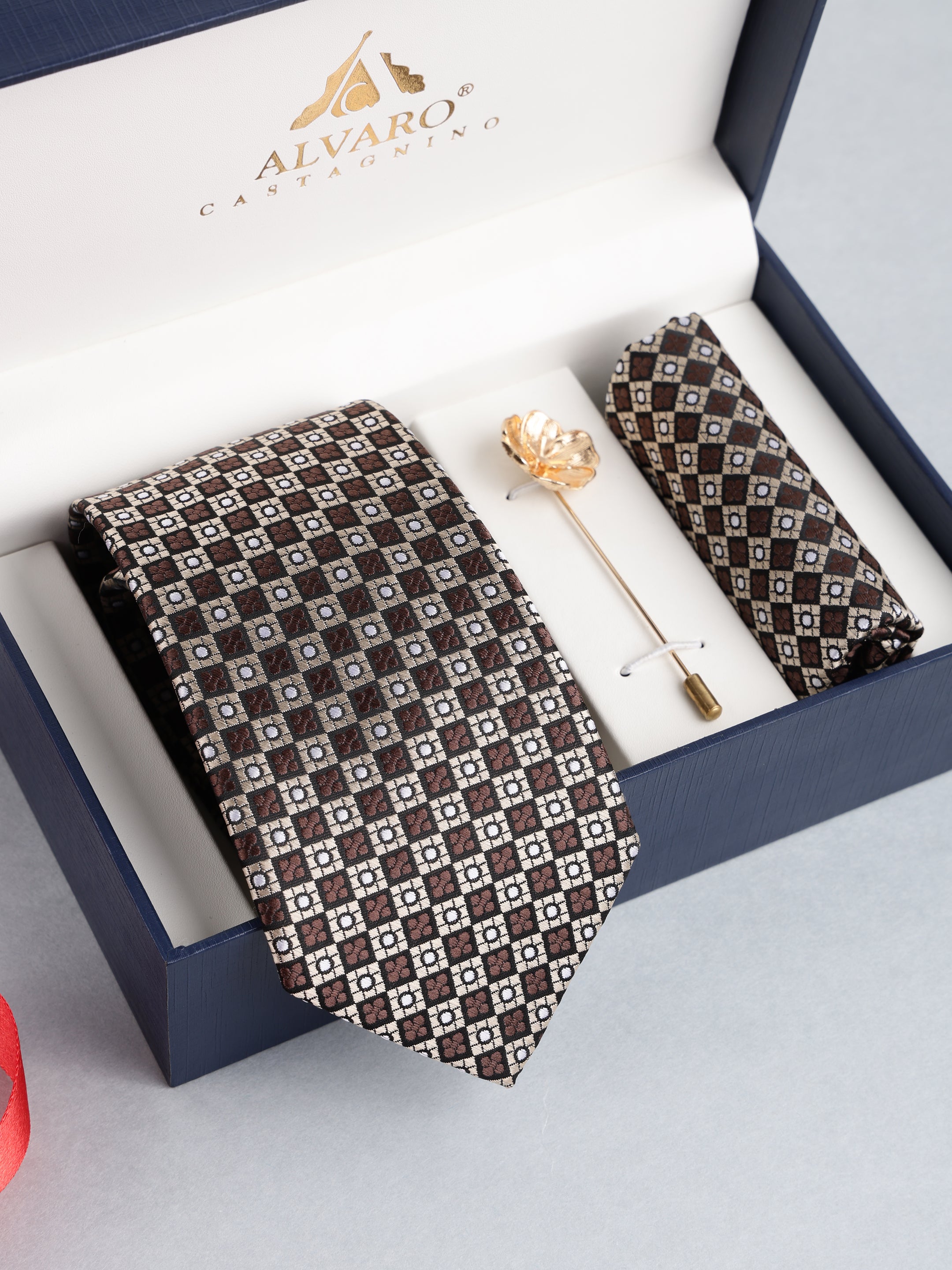 Brown Geometric Necktie with Lapel Pin Gift Set