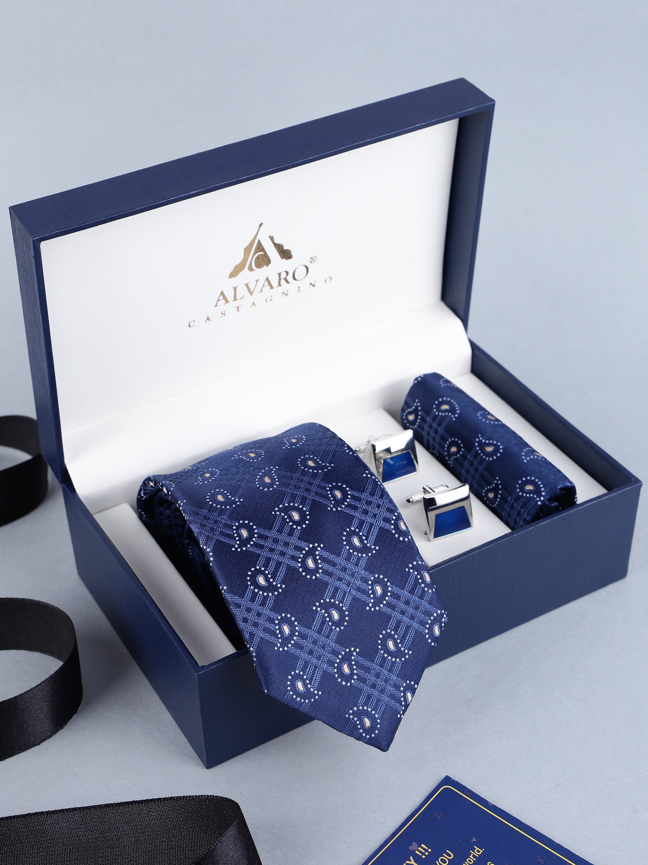 Navy Blue Micro-Paisley & Plaid Necktie, Pocket Square & Cufflinks Gift Set