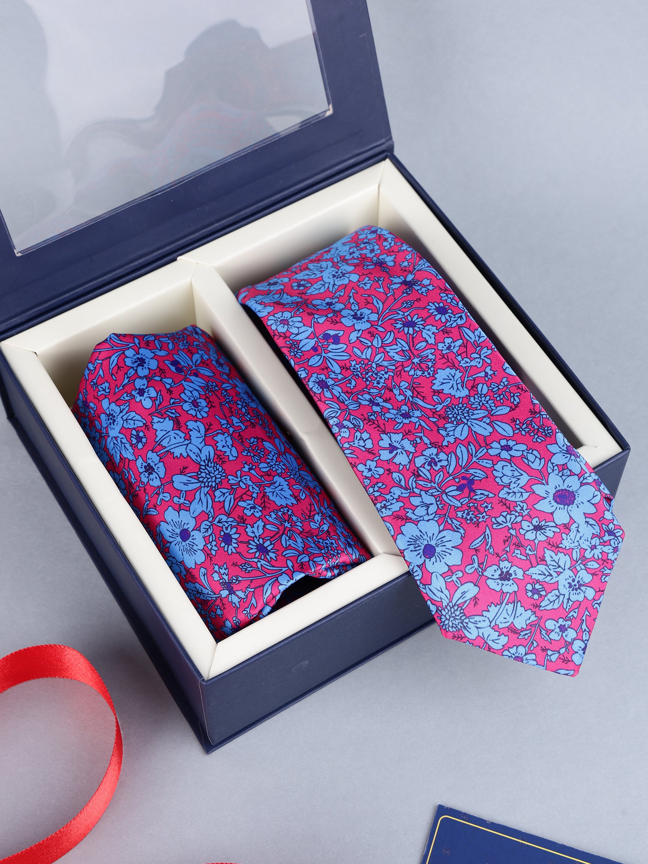 Fuchsia & Sky Blue Floral Necktie & Pocket Square Gift Set