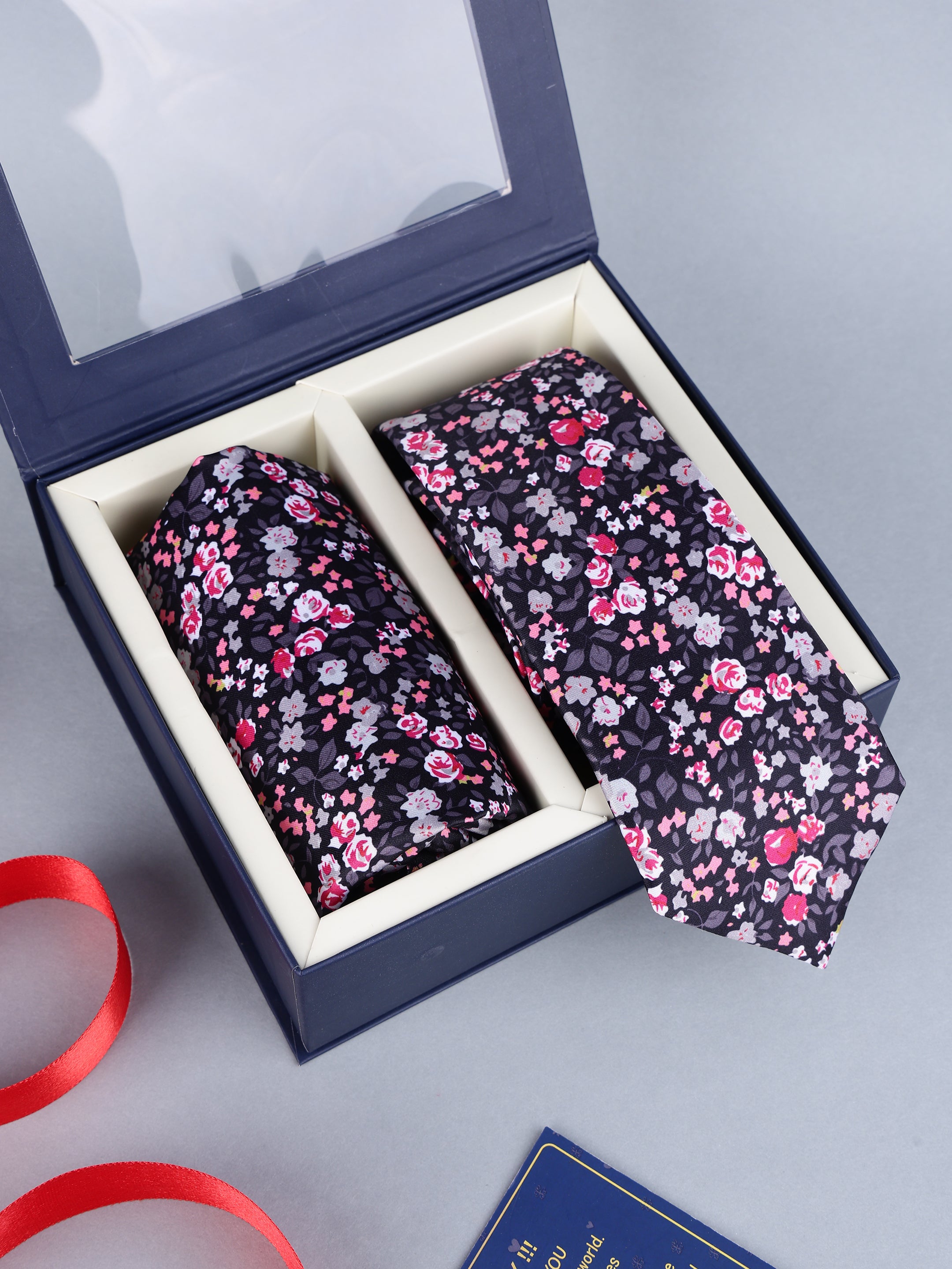 Dark Navy Pink Floral Necktie & Pocket Square Gift Set