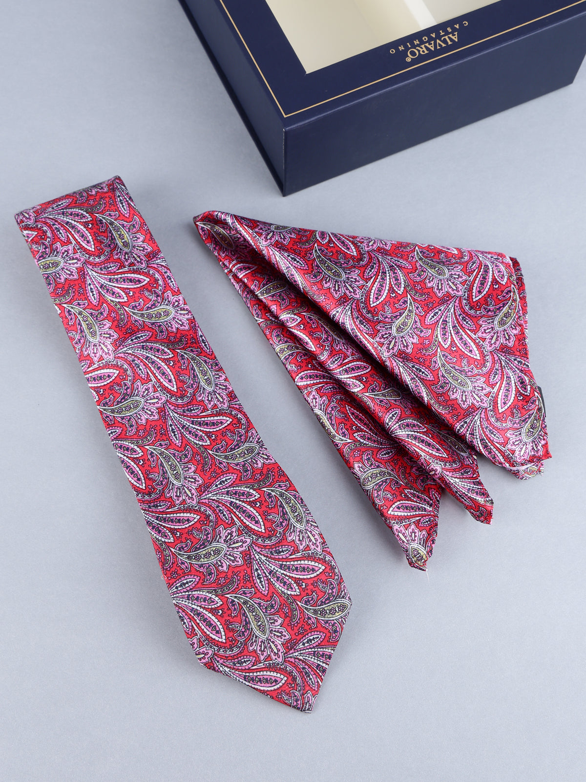 Coral Pink Feathered Paisley Necktie & Pocket Square Set