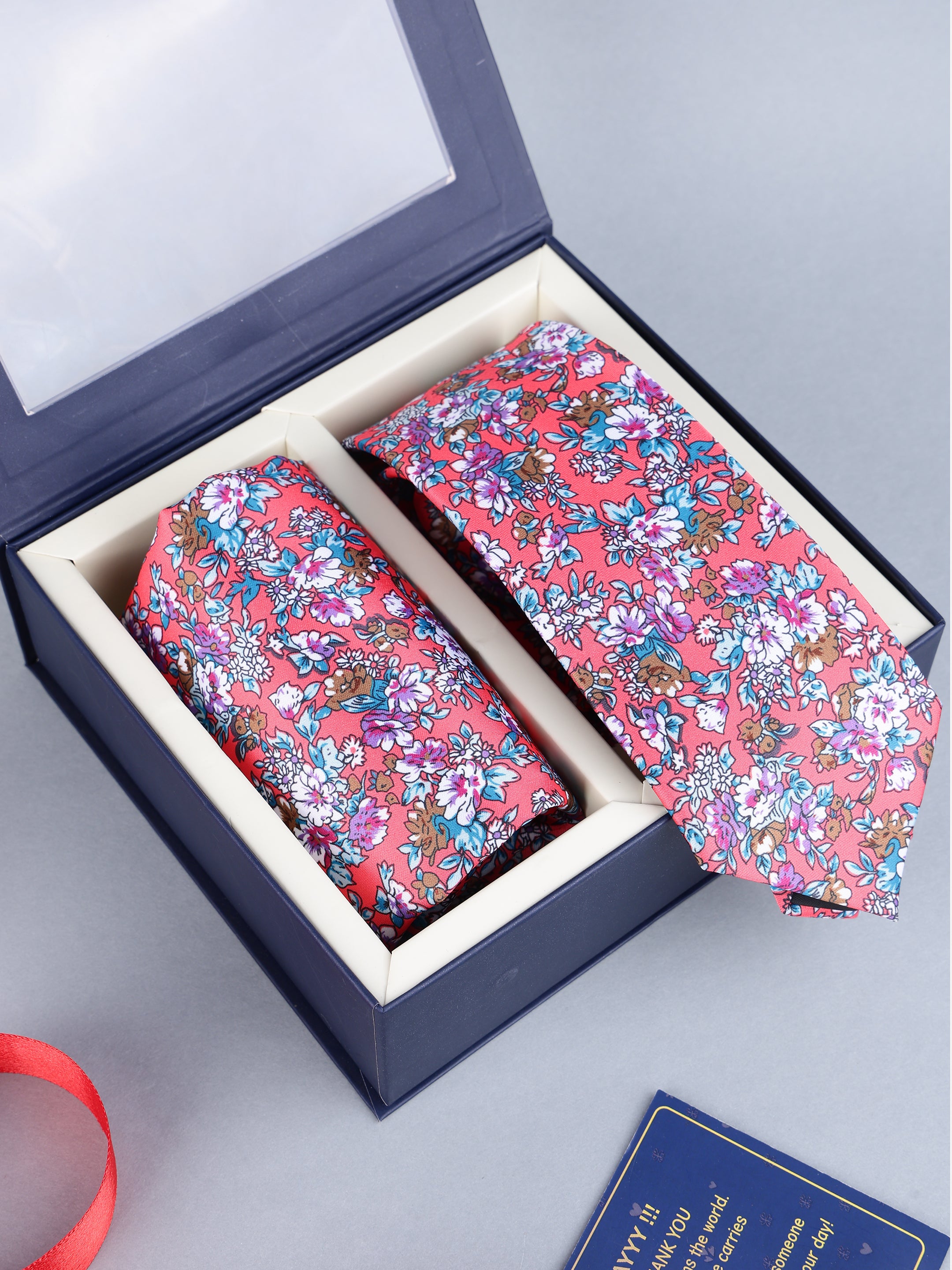 Coral Floral Necktie & Pocket Square Gift Set