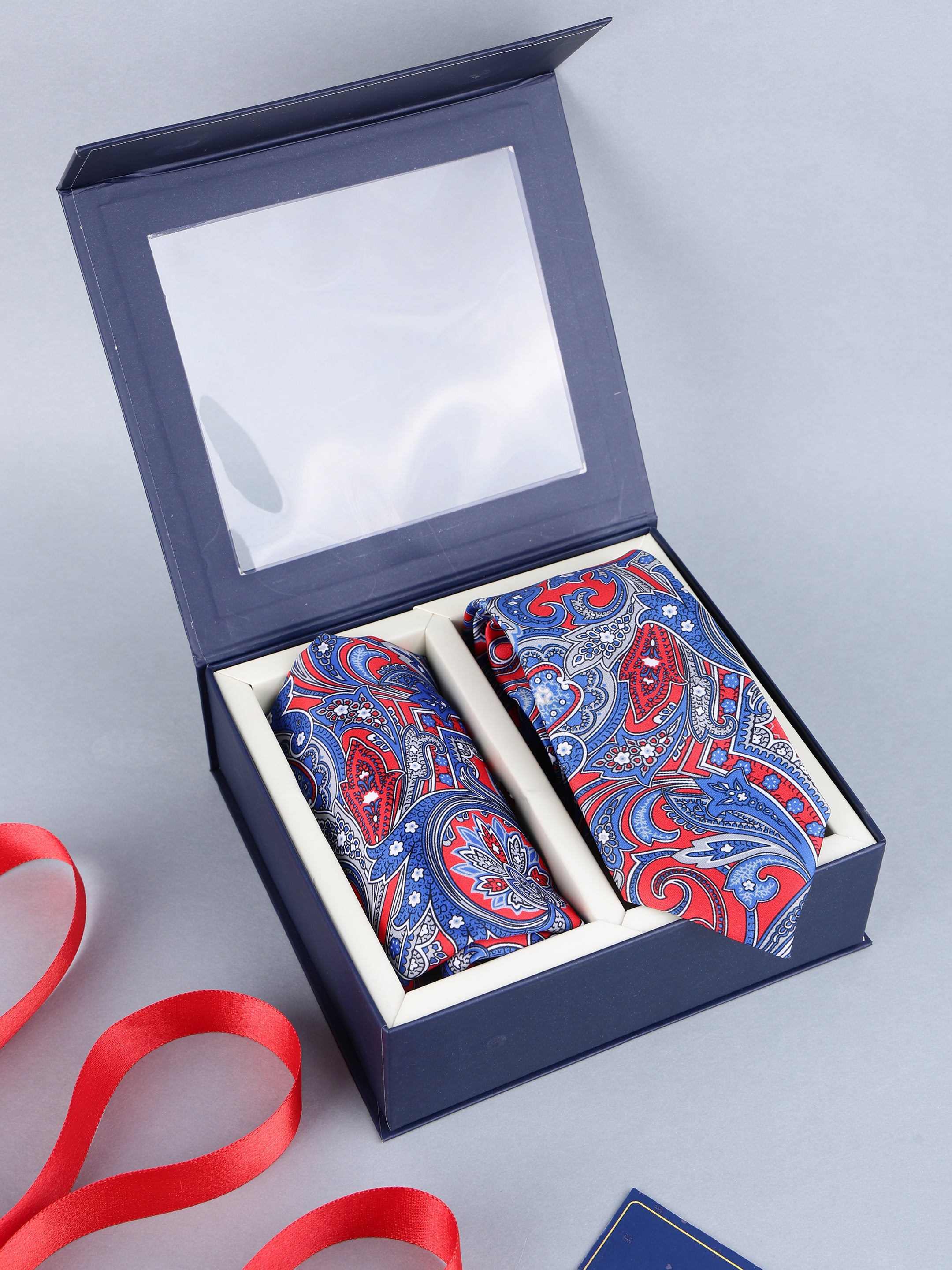 Red & Ocean Blue Grand Paisley Necktie & Pocket Square Set