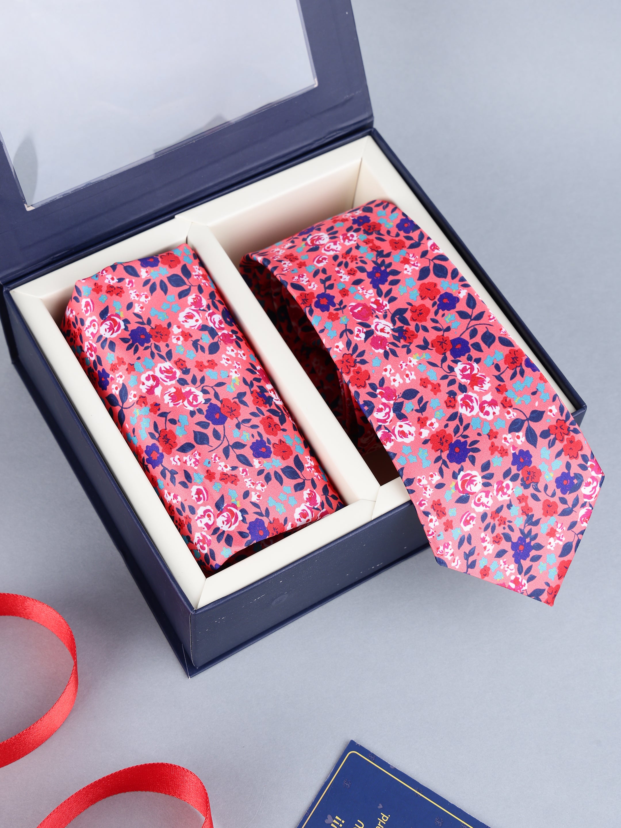 Coral Pink Meadow Floral Necktie & Pocket Square Set
