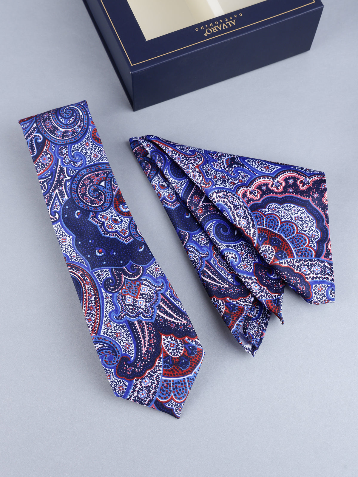 Deep Navy & Cobalt Paisley Necktie & Pocket Square Set