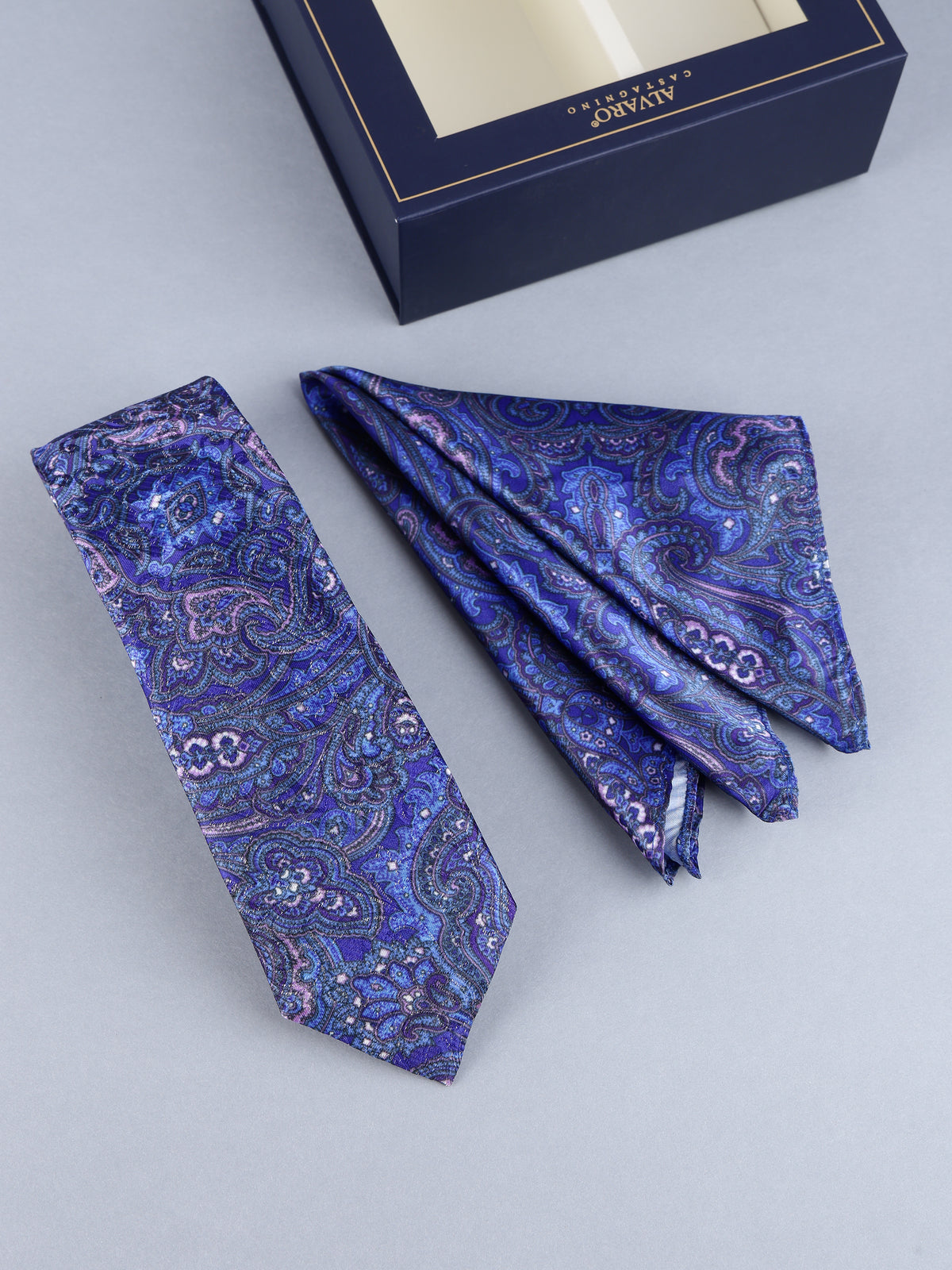 Royal Blue & Purple Paisley Necktie & Pocket Square Set
