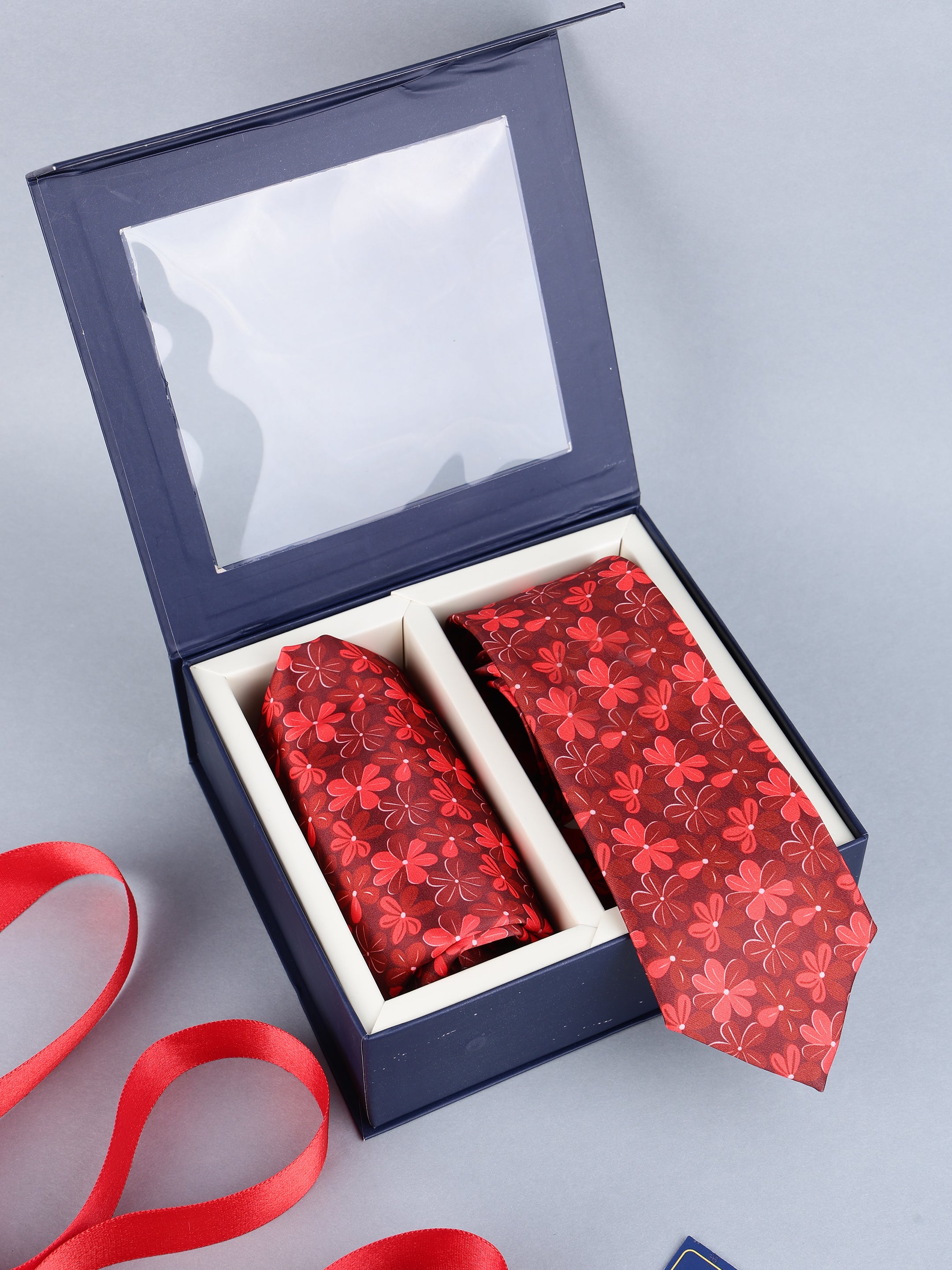Red Floral Necktie & Pocket Square Gift Set