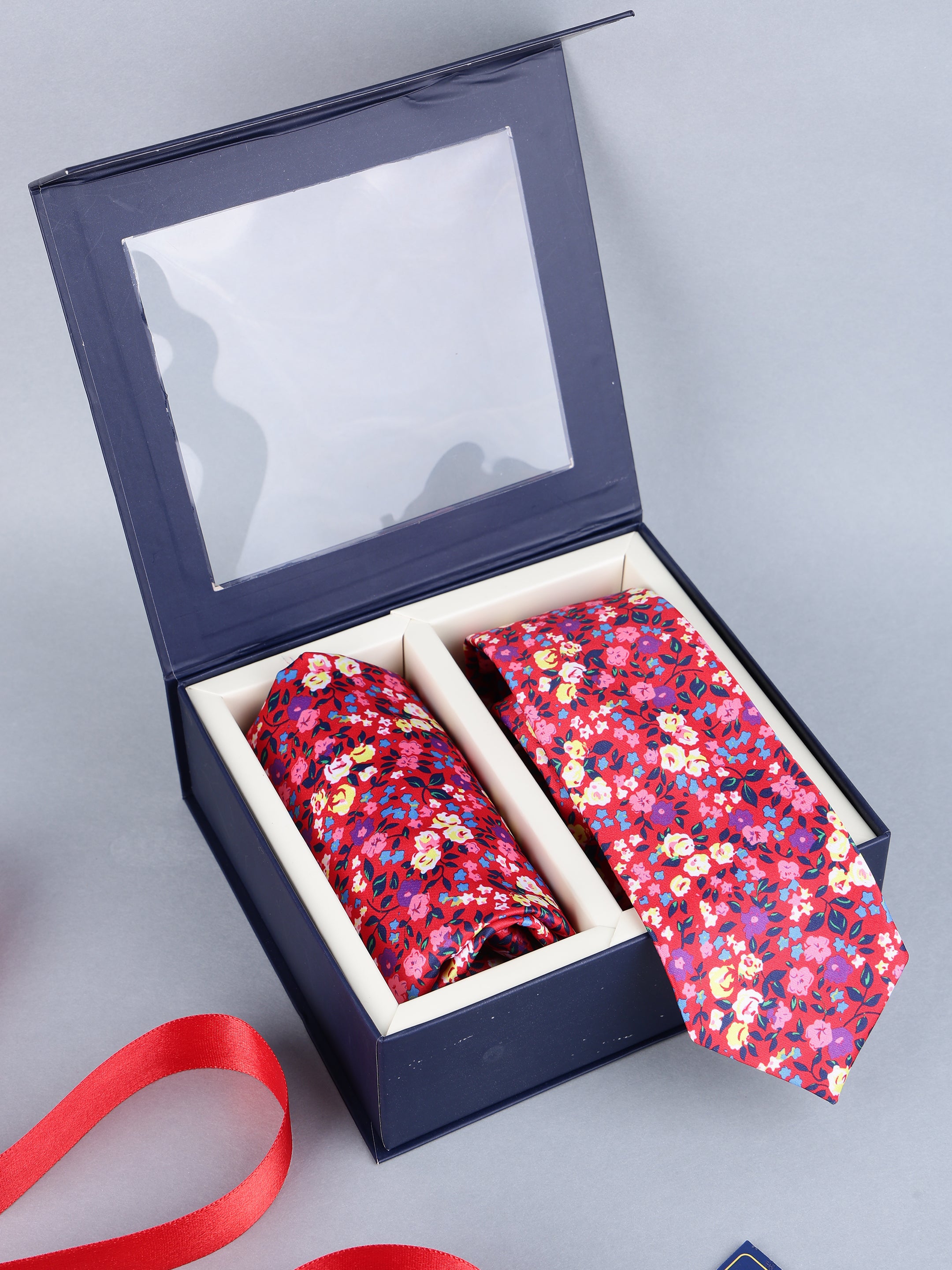 Crimson Bright Meadow Floral Necktie & Pocket Square Set