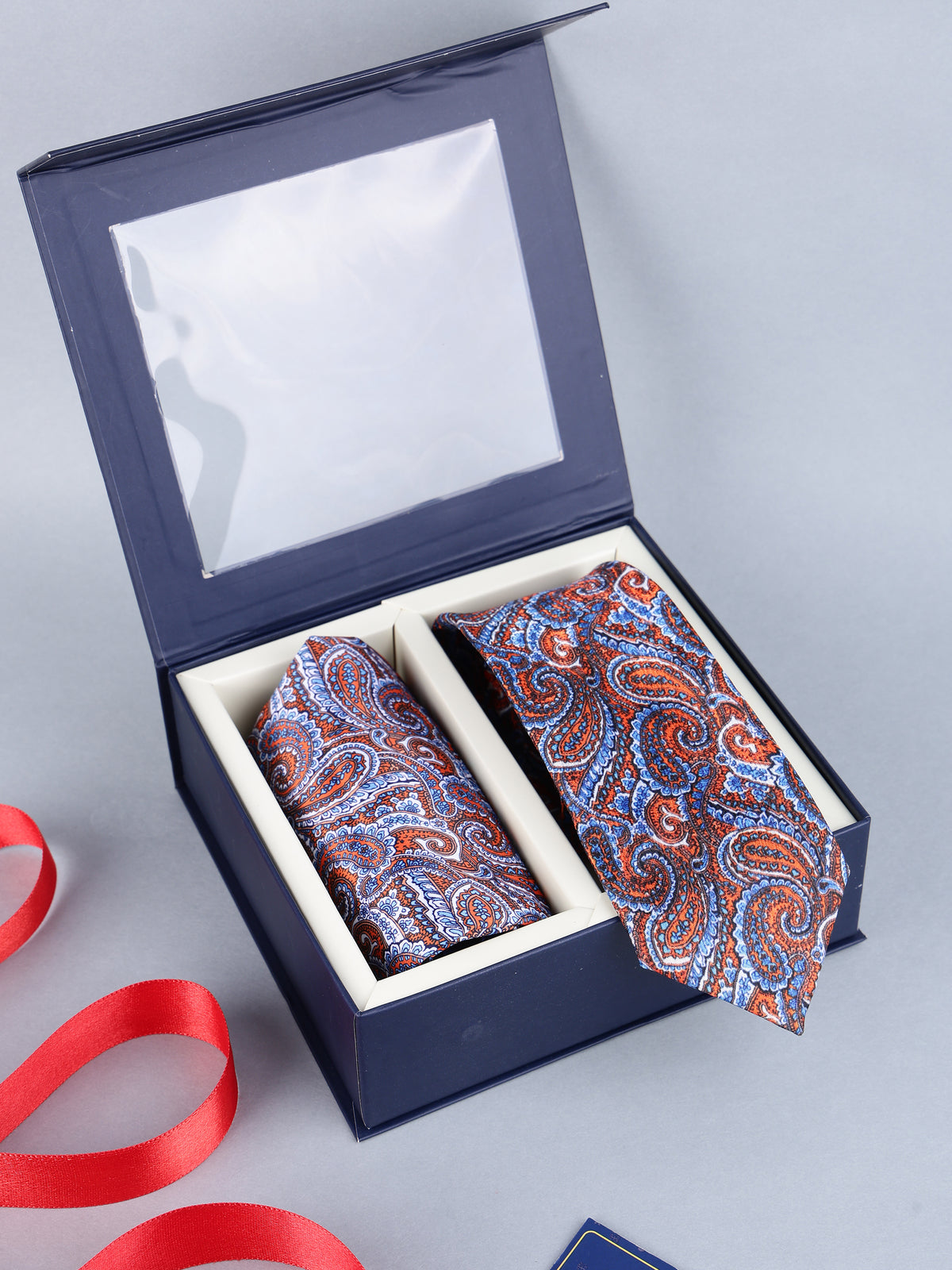 Rust Orange & Navy Intricate Paisley Necktie & Pocket Square Set