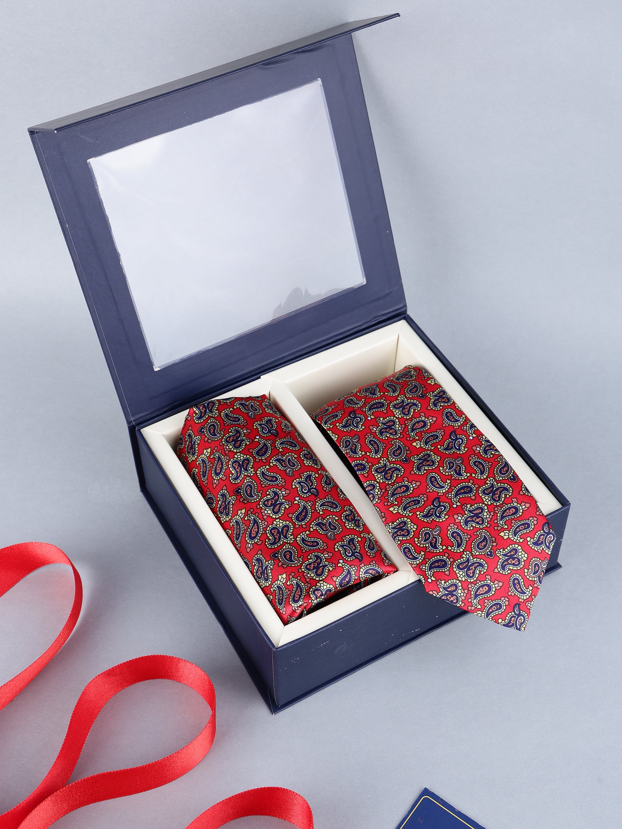 Red & Navy Paisley Necktie & Pocket Square Gift Set