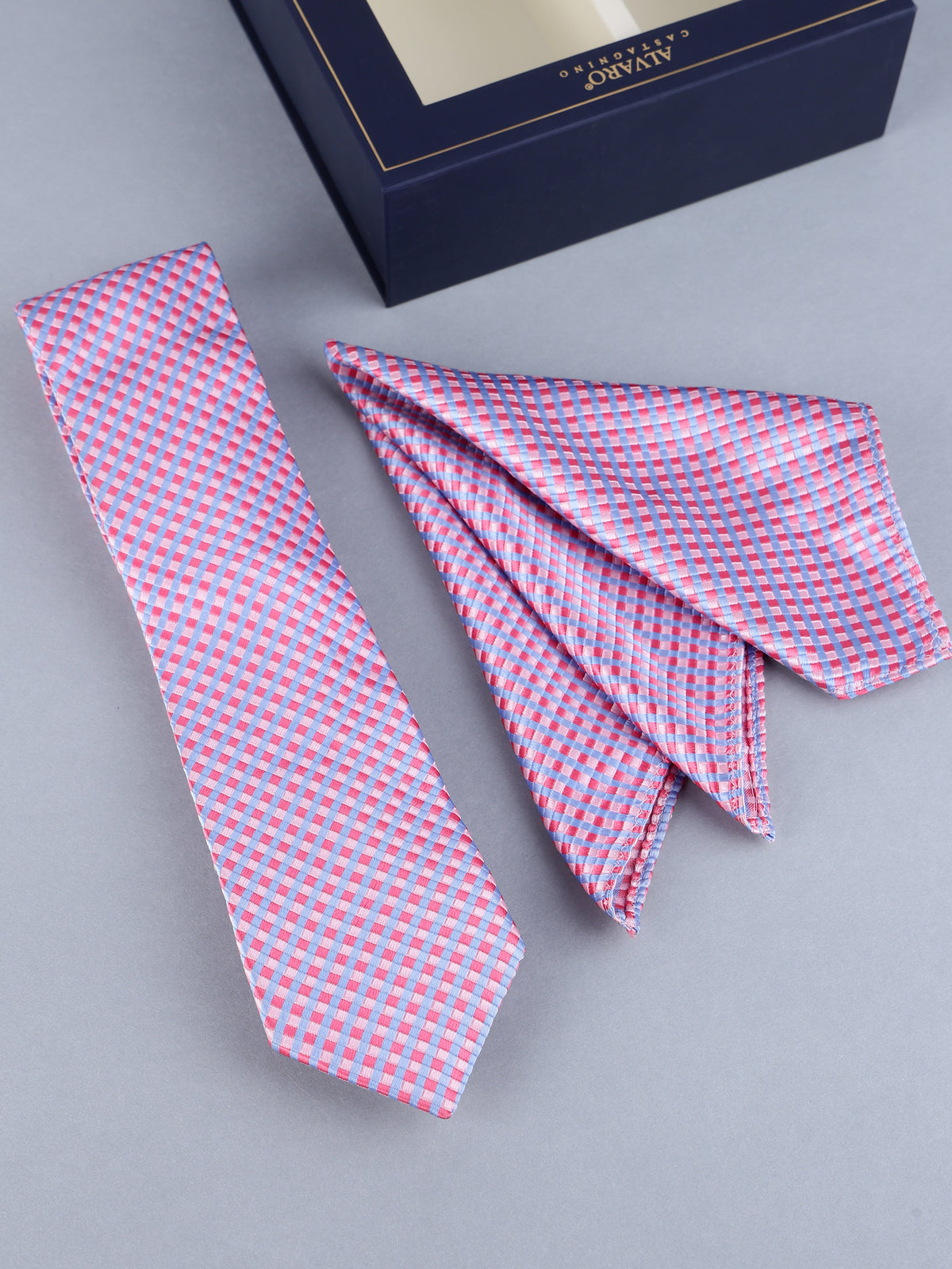Soft Pink & Powder Blue Checkered Necktie & Pocket Square Set