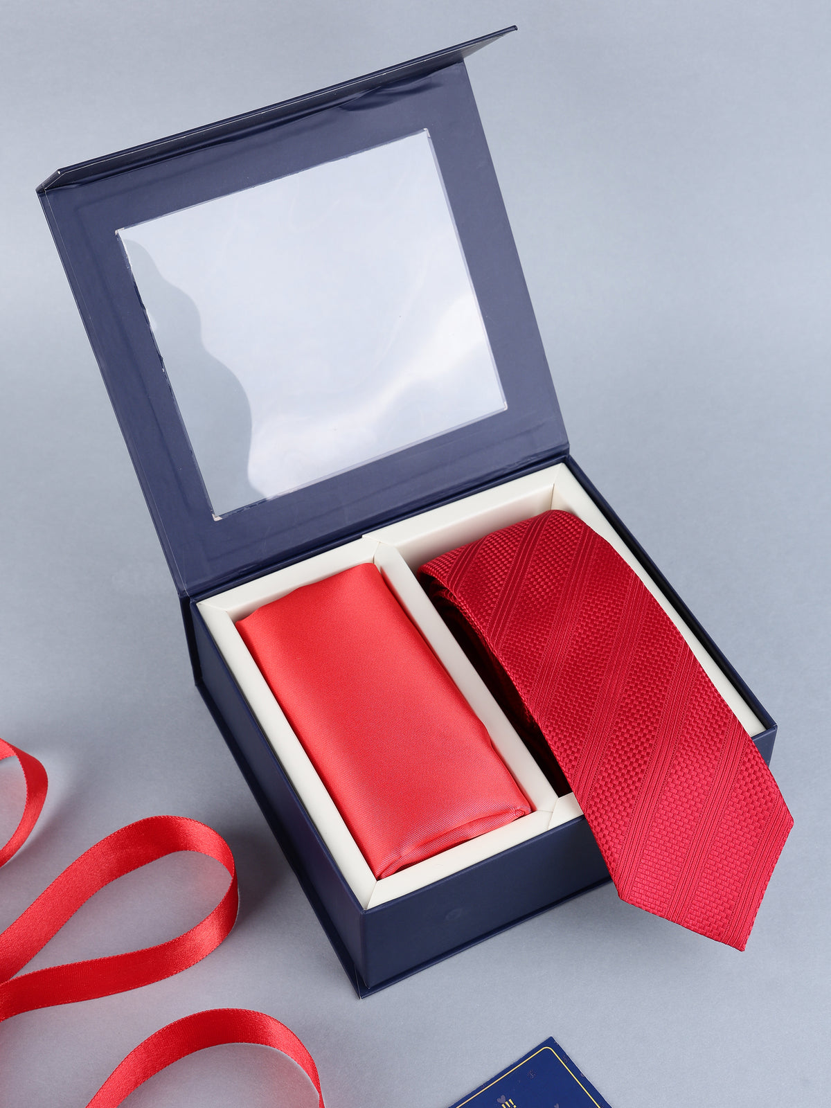 Crimson Red Textured Stripe Necktie & Solid Pocket Square Set