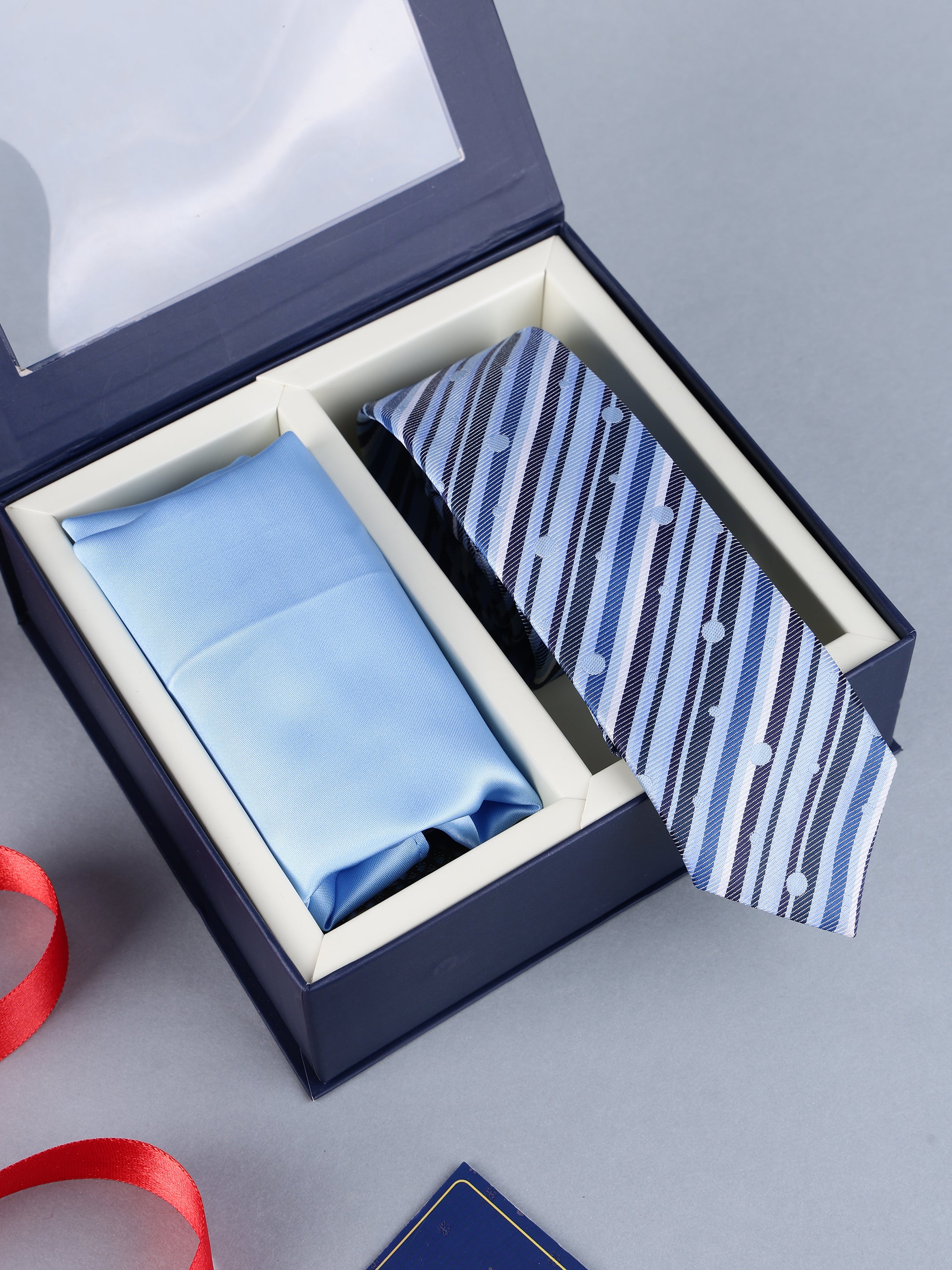 Sky Blue Diagonal Stripe & Dot Necktie & Solid Pocket Square Set