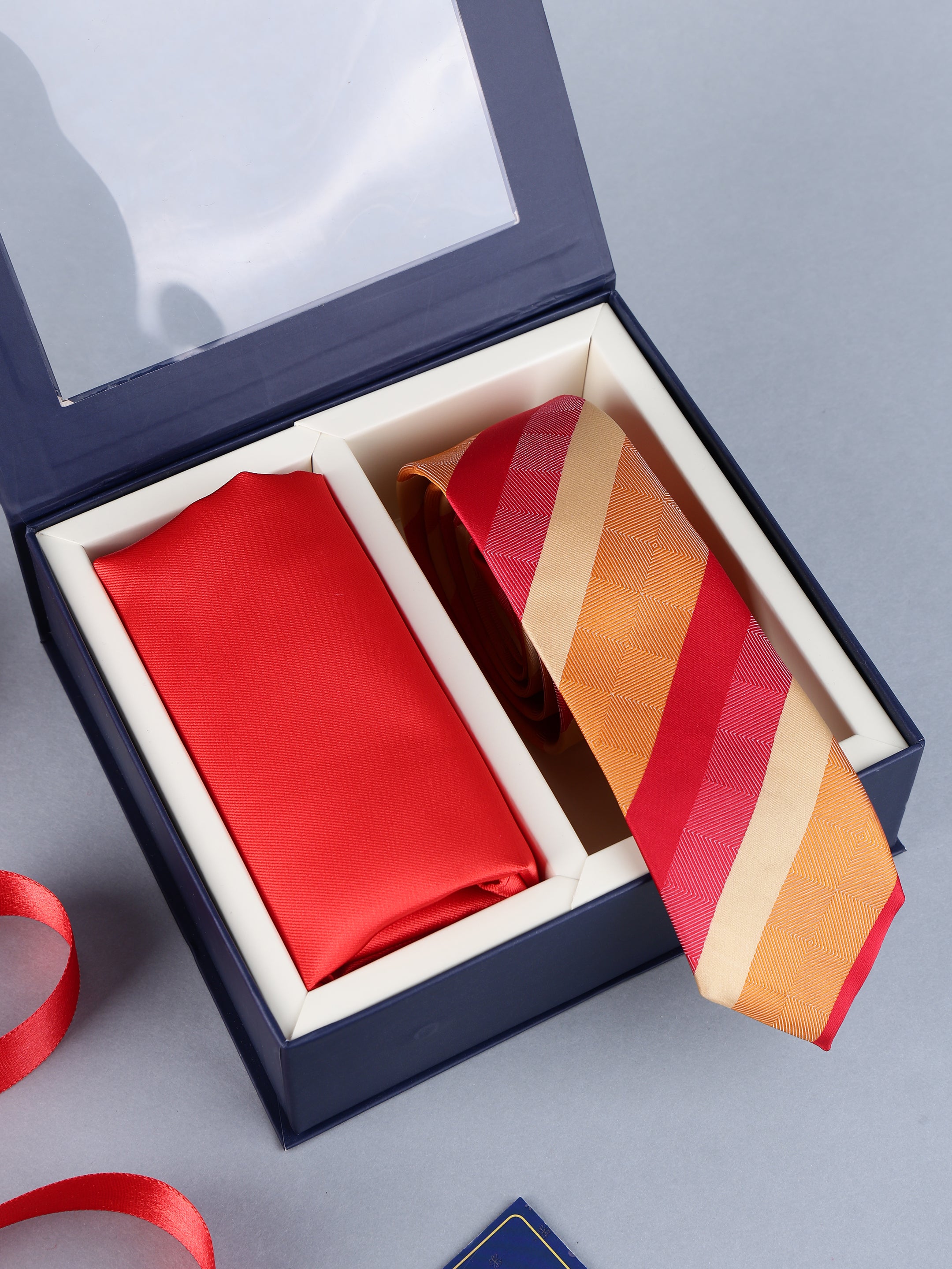 Coral Red & Gold Diagonal Stripe Necktie & Solid Pocket Square Set