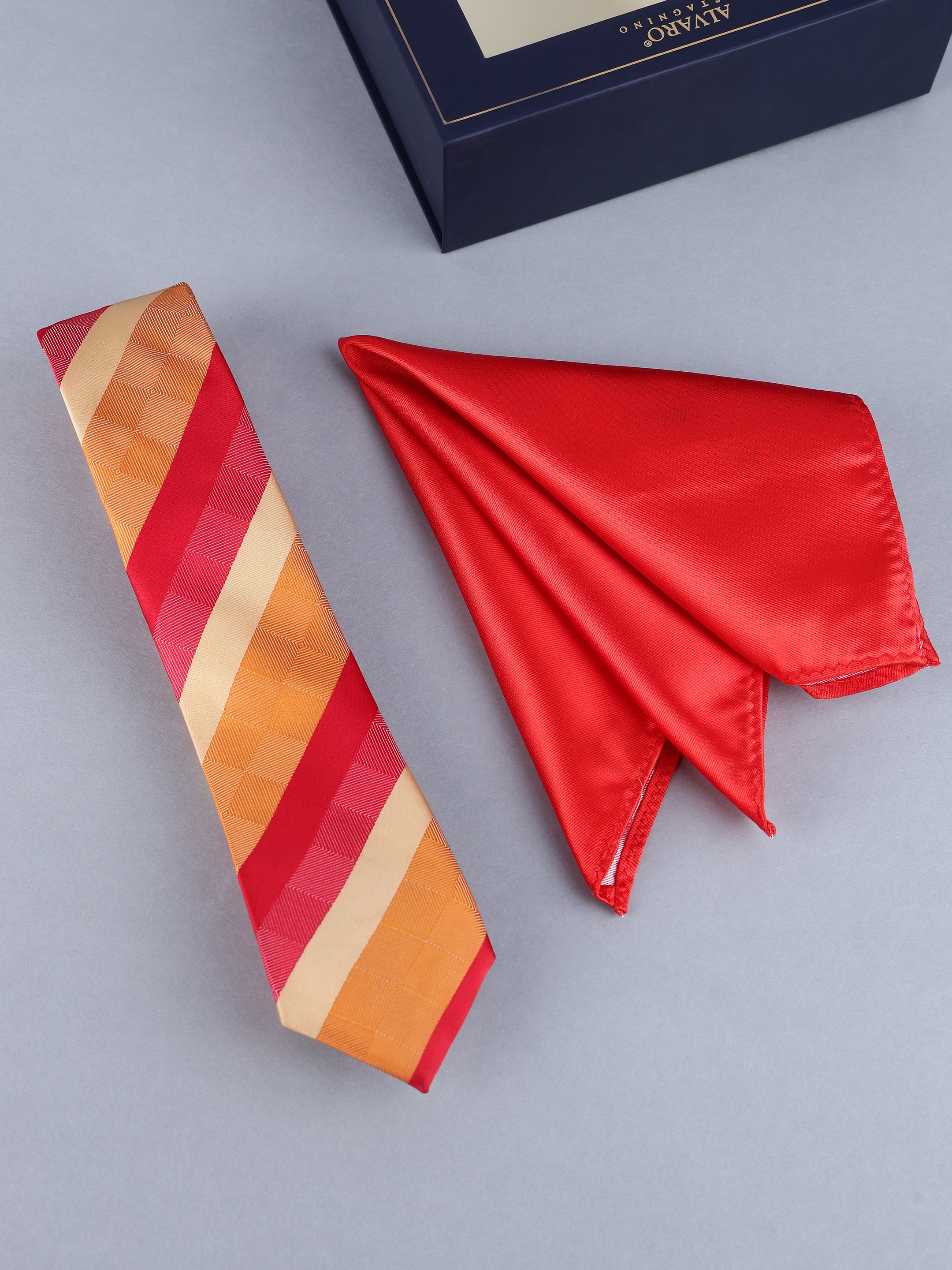 Coral Red & Gold Diagonal Stripe Necktie & Solid Pocket Square Set