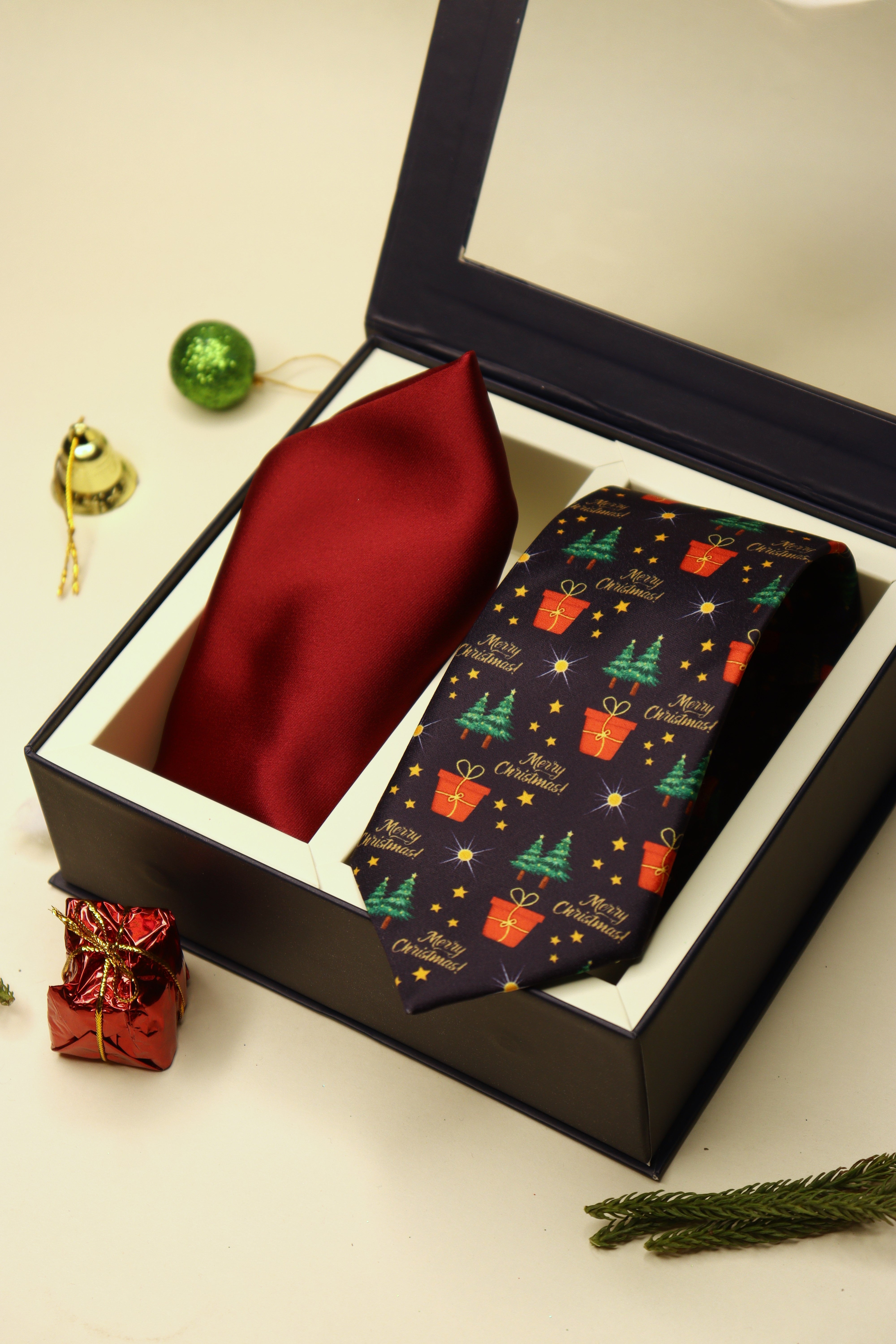 Christmas Midnight Blue Necktie & Red Pocket Square Gift Set