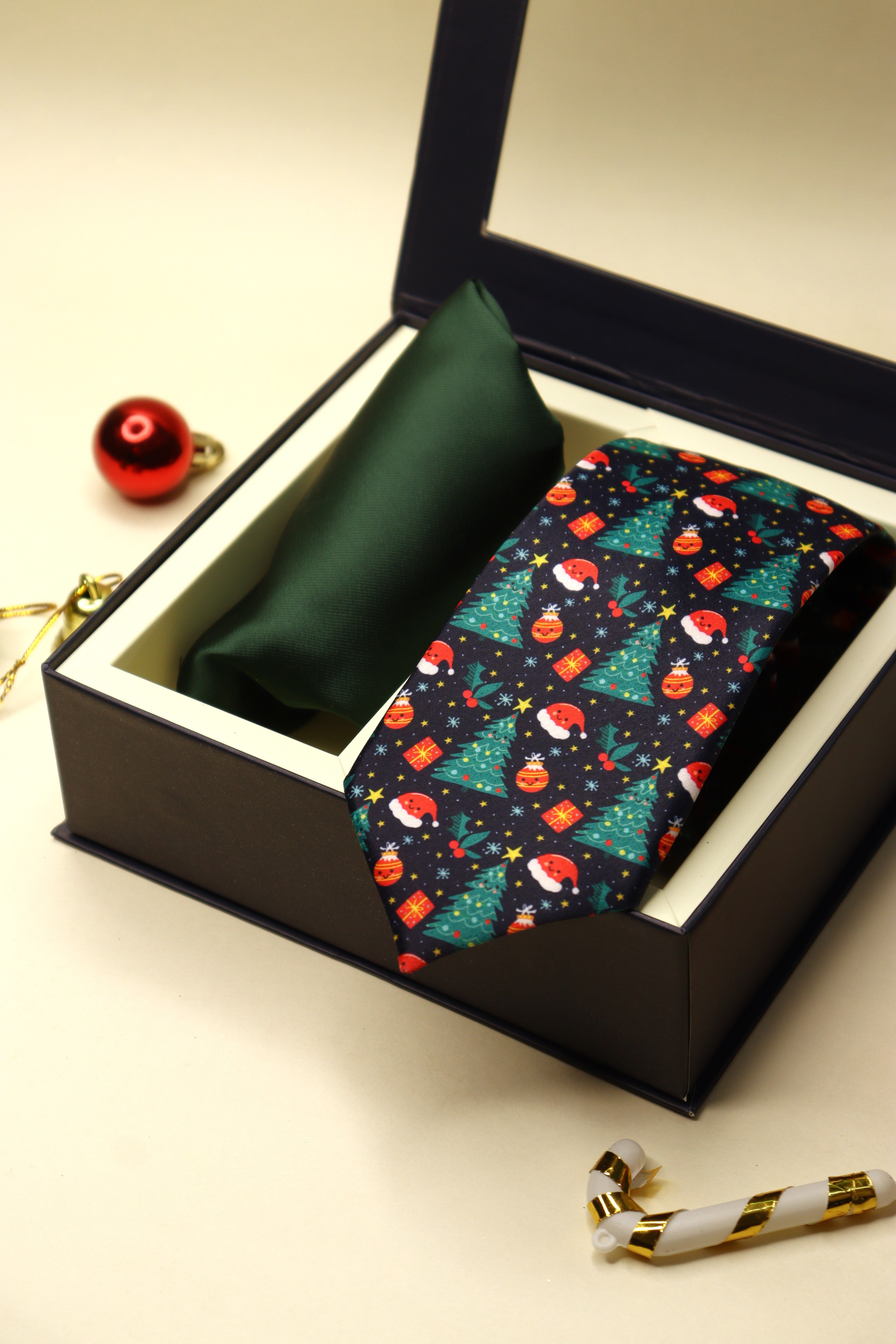Christmas Blue Necktie & Green Pocket Square Gift Set